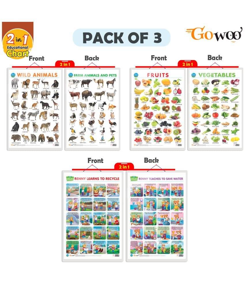 Set of 3 |2 IN 1 FRUITS AND VEGETABLES, 2 IN 1 WILD AND FARM ANIMALS & PETS and 2 IN 1 BENNY LEARNS TO RECYCLE AND BENNY TEACHES TO SAVE WATER Early Learning Educational Charts for Kids Set of 3 |2 IN 1 FRUITS AND VEGETABLES, 2 IN 1 WILD AND FARM ANIMALS & PETS and 2 IN 1 BENNY LEARNS TO RECYCLE AND BENNY TEACHES TO SAVE WATER Early Learning Educational Charts for Kids