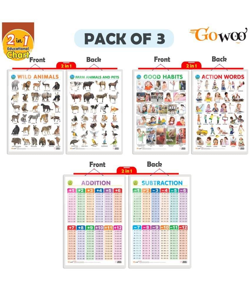 Set of 3 |2 IN 1 WILD AND FARM ANIMALS & PETS, 2 IN 1 GOOD HABITS AND ACTION WORDS and 2 IN 1 ADDITION AND SUBTRACTION Early Learning Educational Charts for Kids Set of 3 |2 IN 1 WILD AND FARM ANIMALS & PETS, 2 IN 1 GOOD HABITS AND ACTION WORDS and 2 IN 1 ADDITION AND SUBTRACTION Early Learning Educational Charts for Kids