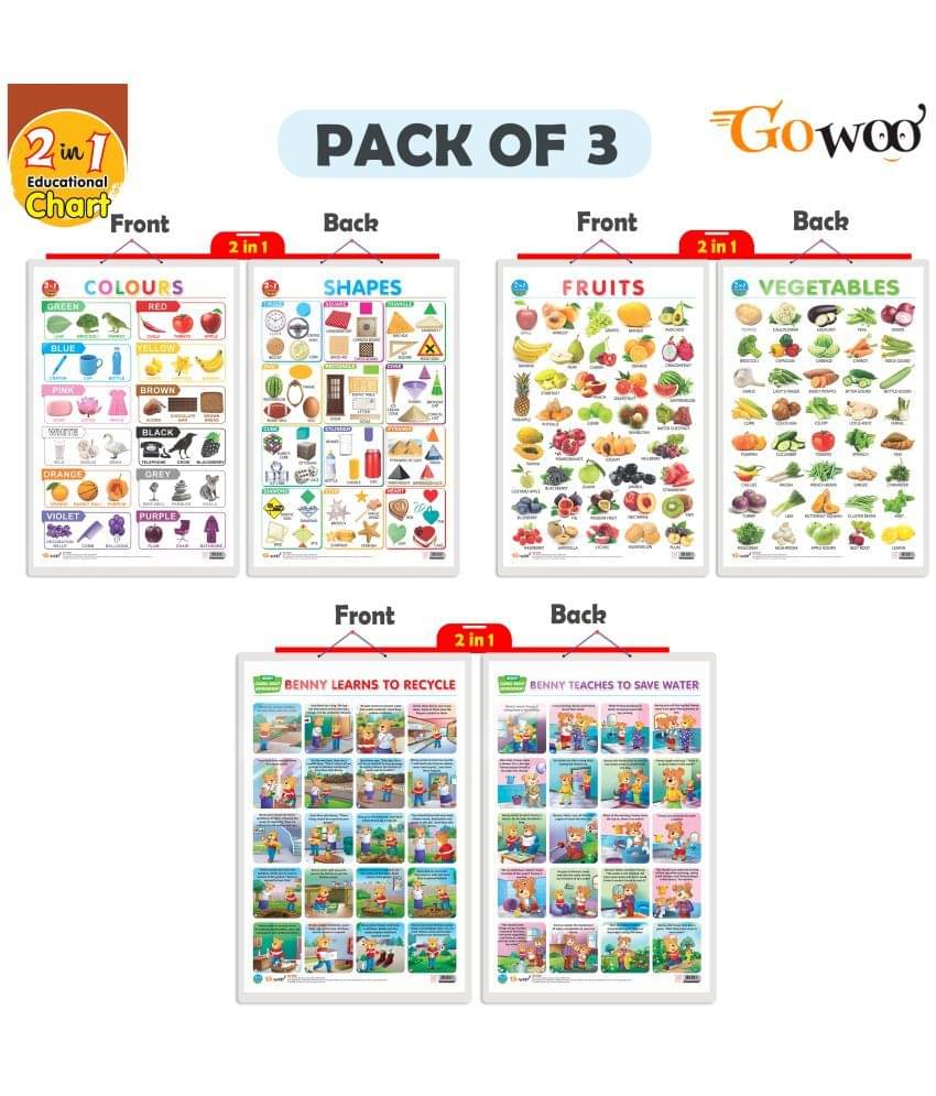 Set of 3 |2 IN 1 COLOURS AND SHAPES, 2 IN 1 FRUITS AND VEGETABLES2 IN 1 BENNY LEARNS TO RECYCLE AND BENNY TEACHES TO SAVE WATER Early Learning Educational Charts for Kids Set of 3 |2 IN 1 COLOURS AND SHAPES, 2 IN 1 FRUITS AND VEGETABLES2 IN 1 BENNY LEARNS TO RECYCLE AND BENNY TEACHES TO SAVE WATER Early Learning Educational Charts for Kids