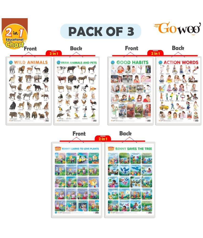 Set of 3 |2 IN 1 WILD AND FARM ANIMALS & PETS, 2 IN 1 GOOD HABITS AND ACTION WORDS and 2 IN 1 BENNY LEARNS TO LOVE PLANTS AND BENNY SAVES THE TREE Early Learning Educational Charts for Kids Set of 3 |2 IN 1 WILD AND FARM ANIMALS & PETS, 2 IN 1 GOOD HABITS AND ACTION WORDS and 2 IN 1 BENNY LEARNS TO LOVE PLANTS AND BENNY SAVES THE TREE Early Learning Educational Charts for Kids