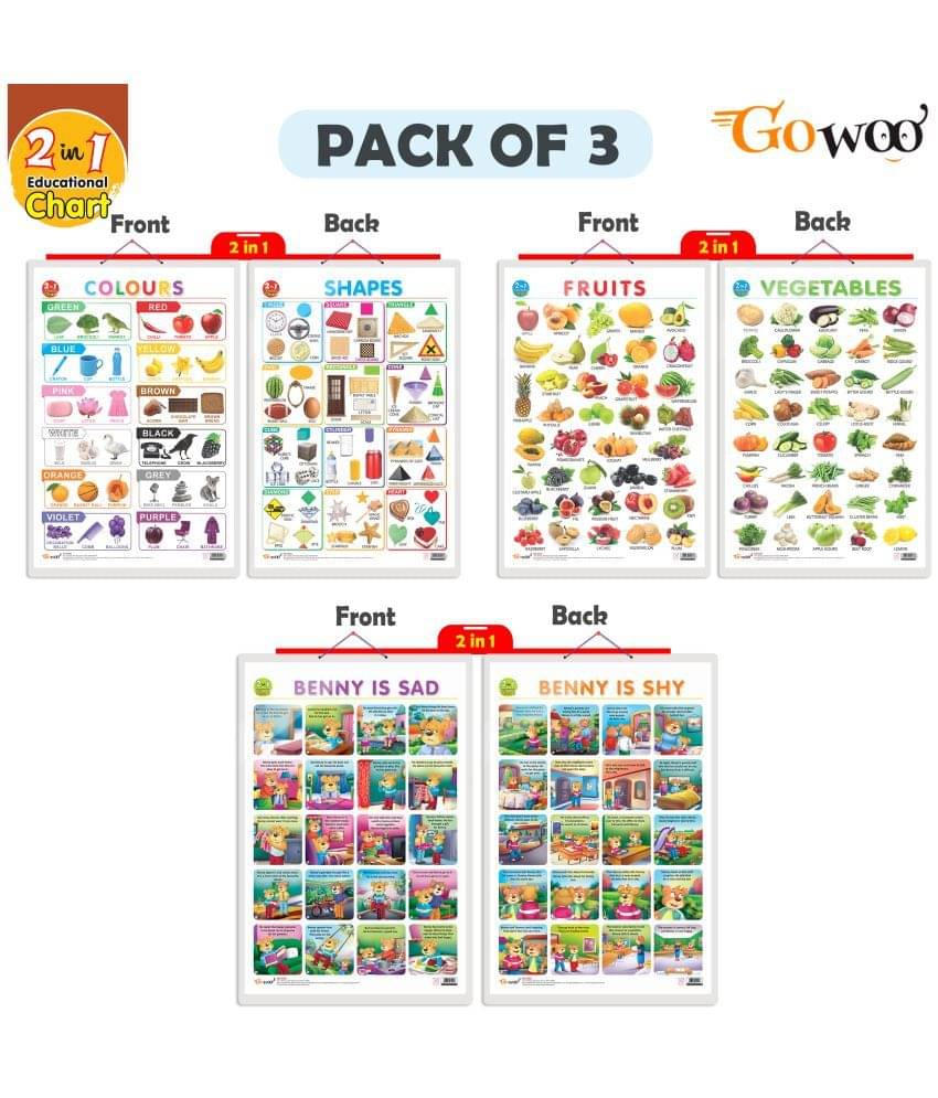     			Set of 3 |2 IN 1 COLOURS AND SHAPES, 2 IN 1 FRUITS AND VEGETABLES and 2 IN 1 BENNY IS SAD AND BENNY IS SHY Early Learning Educational Charts for Kids