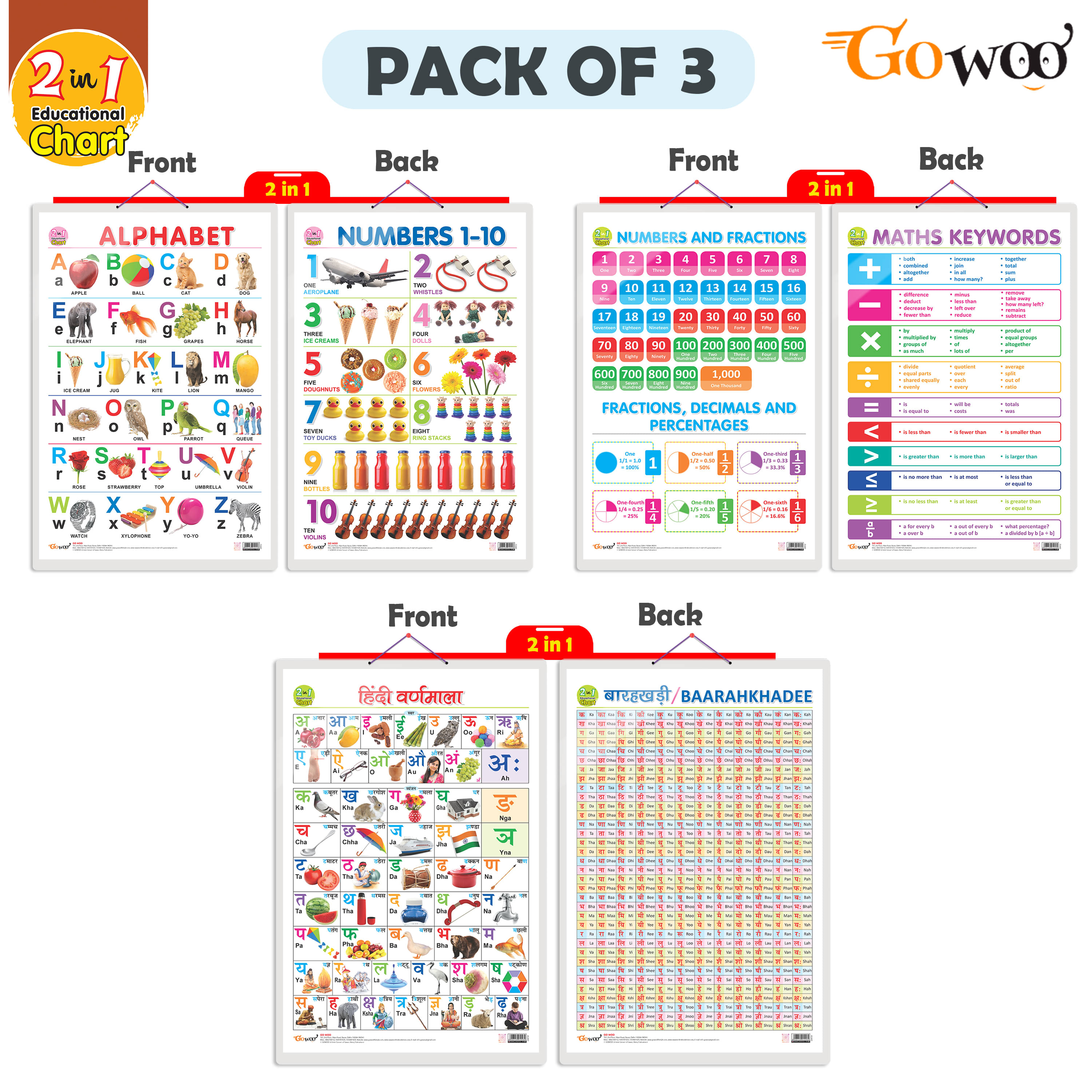     			Set of 3 | 2 IN 1 ALPHABET AND NUMBER 1-10, 2 IN 1 NUMBER & FRACTIONS AND MATHS KEYWORDS and 2 IN 1 HINDI VARNMALA AND BAARAHKHADEE Early Learning Educational Charts for Kids