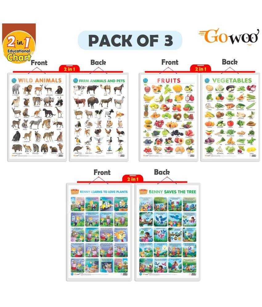 Set of 3 |2 IN 1 FRUITS AND VEGETABLES, 2 IN 1 WILD AND FARM ANIMALS & PETS and 2 IN 1 BENNY LEARNS TO LOVE PLANTS AND BENNY SAVES THE TREE Early Learning Educational Charts for Kids Set of 3 |2 IN 1 FRUITS AND VEGETABLES, 2 IN 1 WILD AND FARM ANIMALS & PETS and 2 IN 1 BENNY LEARNS TO LOVE PLANTS AND BENNY SAVES THE TREE Early Learning Educational Charts for Kids
