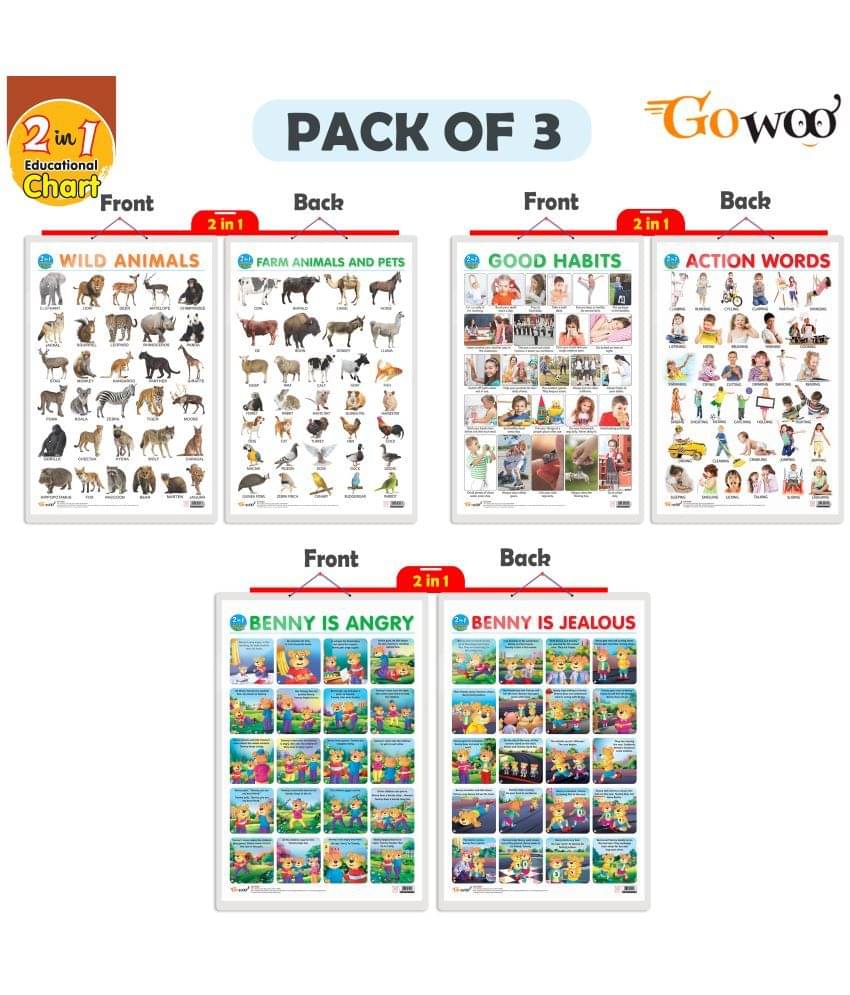 Set of 3 |2 IN 1 WILD AND FARM ANIMALS & PETS, 2 IN 1 GOOD HABITS AND ACTION WORDS and 2 IN 1 BENNY IS ANGRY AND BENNY IS JEALOUS Early Learning Educational Charts for Kids Set of 3 |2 IN 1 WILD AND FARM ANIMALS & PETS, 2 IN 1 GOOD HABITS AND ACTION WORDS and 2 IN 1 BENNY IS ANGRY AND BENNY IS JEALOUS Early Learning Educational Charts for Kids