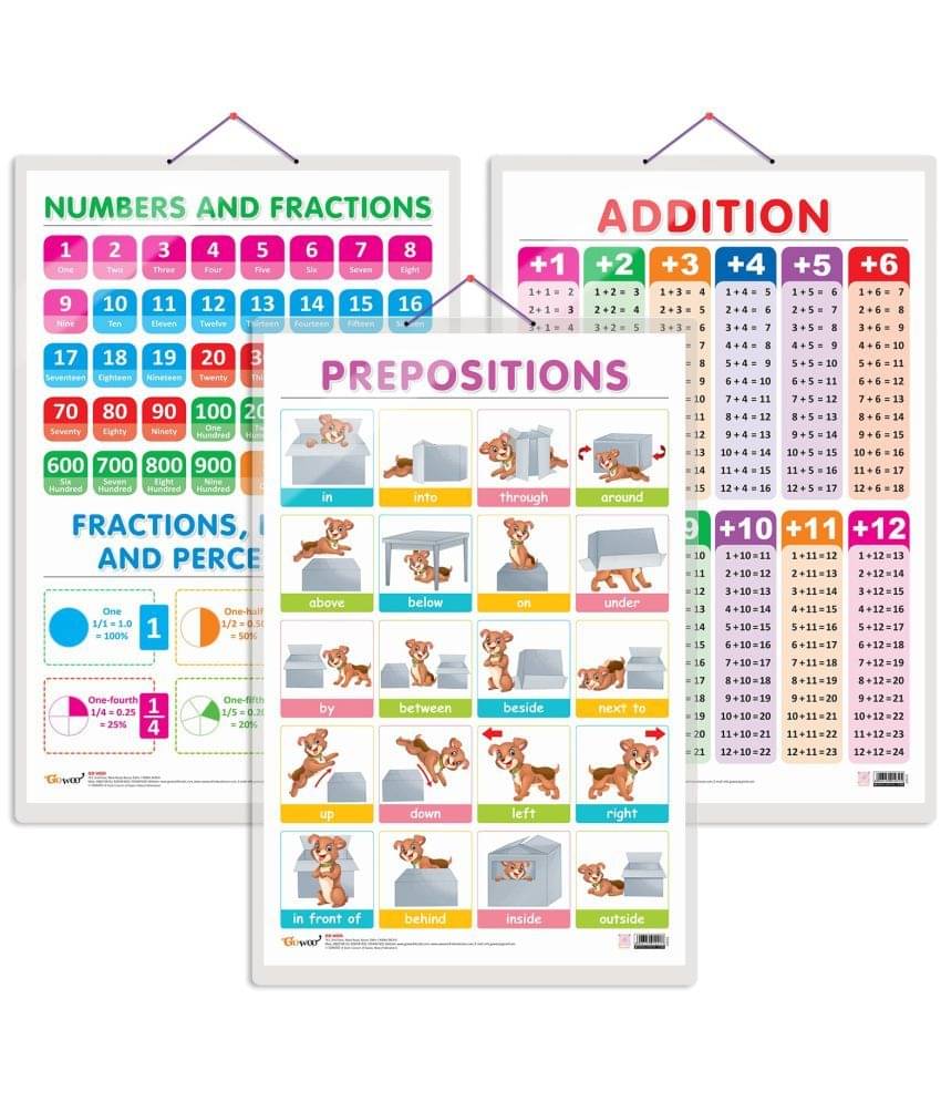 Set of 3 ADDITION, NUMBERS AND FRACTIONS and PREPOSITIONS Early Learning Educational Charts for Kids | 20"X30" inch |Non-Tearable and Waterproof | Double Sided Laminated | Perfect for Homeschooling, Kindergarten and Nursery Students Set of 3 ADDITION, NUMBERS AND FRACTIONS and PREPOSITIONS Early Learning Educational Charts for Kids | 20"X30" inch |Non-Tearable and Waterproof | Double Sided Laminated | Perfect for Homeschooling, Kindergarten and Nursery Students
