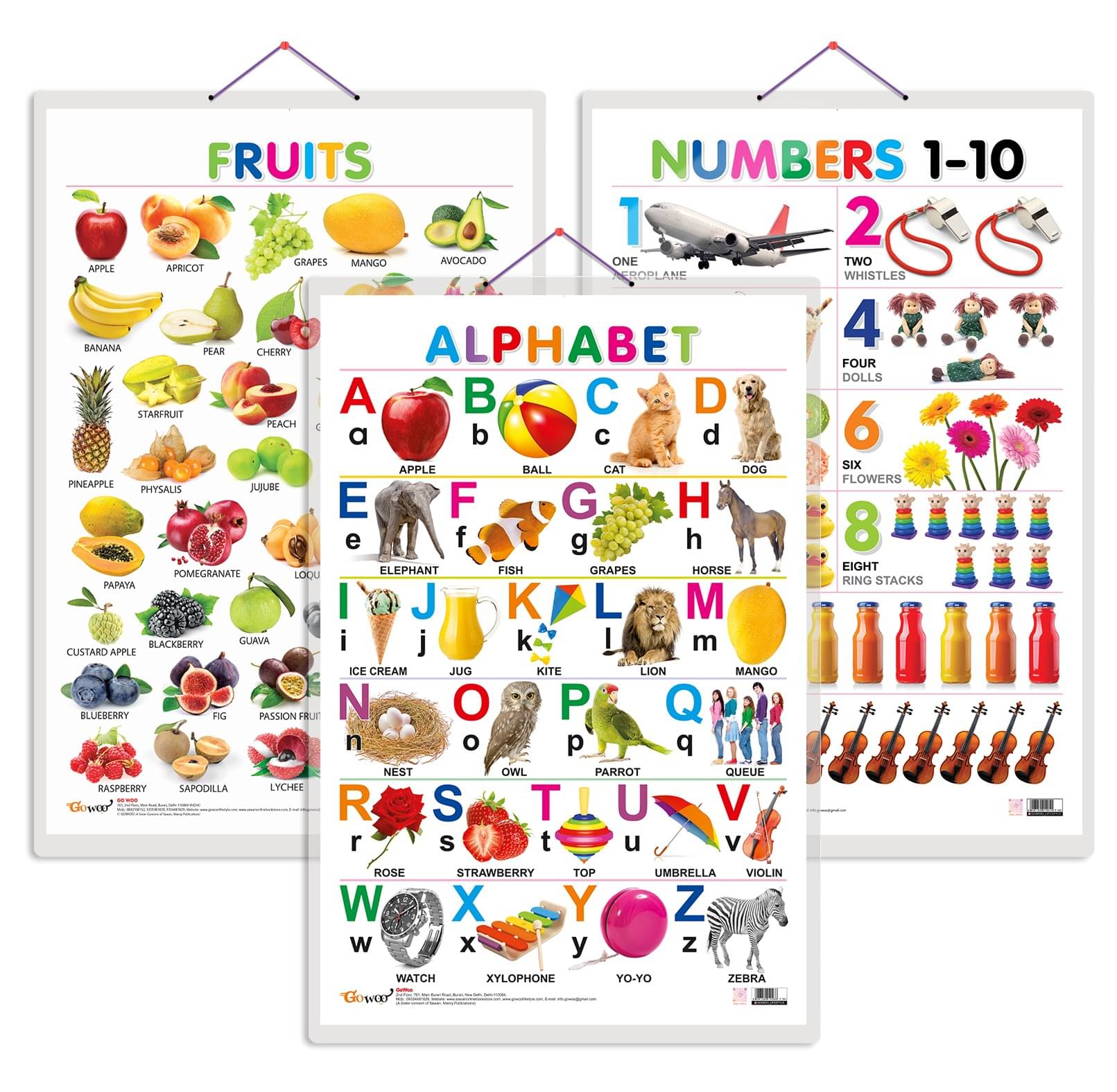     			Set of 3 Alphabet, Fruits and Numbers 1-10 Early Learning Educational Charts for Kids | 20"X30" inch |Non-Tearable and Waterproof | Double Sided Laminated | Perfect for Homeschooling, Kindergarten and Nursery Students
