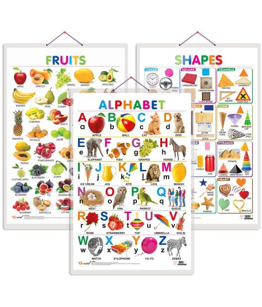 Set of 3 Alphabet, Fruits and Shapes Early Learning Educational Charts for Kids | 20"X30" inch |Non-Tearable and Waterproof | Double Sided Laminated | Perfect for Homeschooling, Kindergarten and Nursery Students Set of 3 Alphabet, Fruits and Shapes Early Learning Educational Charts for Kids | 20"X30" inch |Non-Tearable and Waterproof | Double Sided Laminated | Perfect for Homeschooling, Kindergarten and Nursery Students