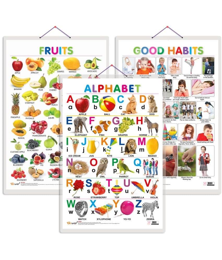 Set of 3 Alphabet, Fruits and Good Habits Early Learning Educational Charts for Kids | 20"X30" inch |Non-Tearable and Waterproof | Double Sided Laminated | Perfect for Homeschooling, Kindergarten and Nursery Students Set of 3 Alphabet, Fruits and Good Habits Early Learning Educational Charts for Kids | 20"X30" inch |Non-Tearable and Waterproof | Double Sided Laminated | Perfect for Homeschooling, Kindergarten and Nursery Students