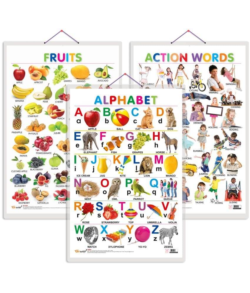 Set of 3 Alphabet, Fruits and Action Words Early Learning Educational Charts for Kids | 20"X30" inch |Non-Tearable and Waterproof | Double Sided Laminated | Perfect for Homeschooling, Kindergarten and Nursery Students Set of 3 Alphabet, Fruits and Action Words Early Learning Educational Charts for Kids | 20"X30" inch |Non-Tearable and Waterproof | Double Sided Laminated | Perfect for Homeschooling, Kindergarten and Nursery Students