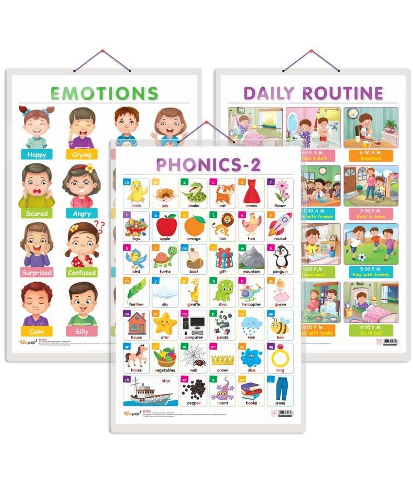 Set of 3 EMOTIONS, DAILY ROUTINE and PHONICS - 2 Early Learning Educational Charts for Kids | 20"X30" inch |Non-Tearable and Waterproof | Double Sided Laminated | Perfect for Homeschooling, Kindergarten and Nursery Students Set of 3 EMOTIONS, DAILY ROUTINE and PHONICS - 2 Early Learning Educational Charts for Kids | 20"X30" inch |Non-Tearable and Waterproof | Double Sided Laminated | Perfect for Homeschooling, Kindergarten and Nursery Students