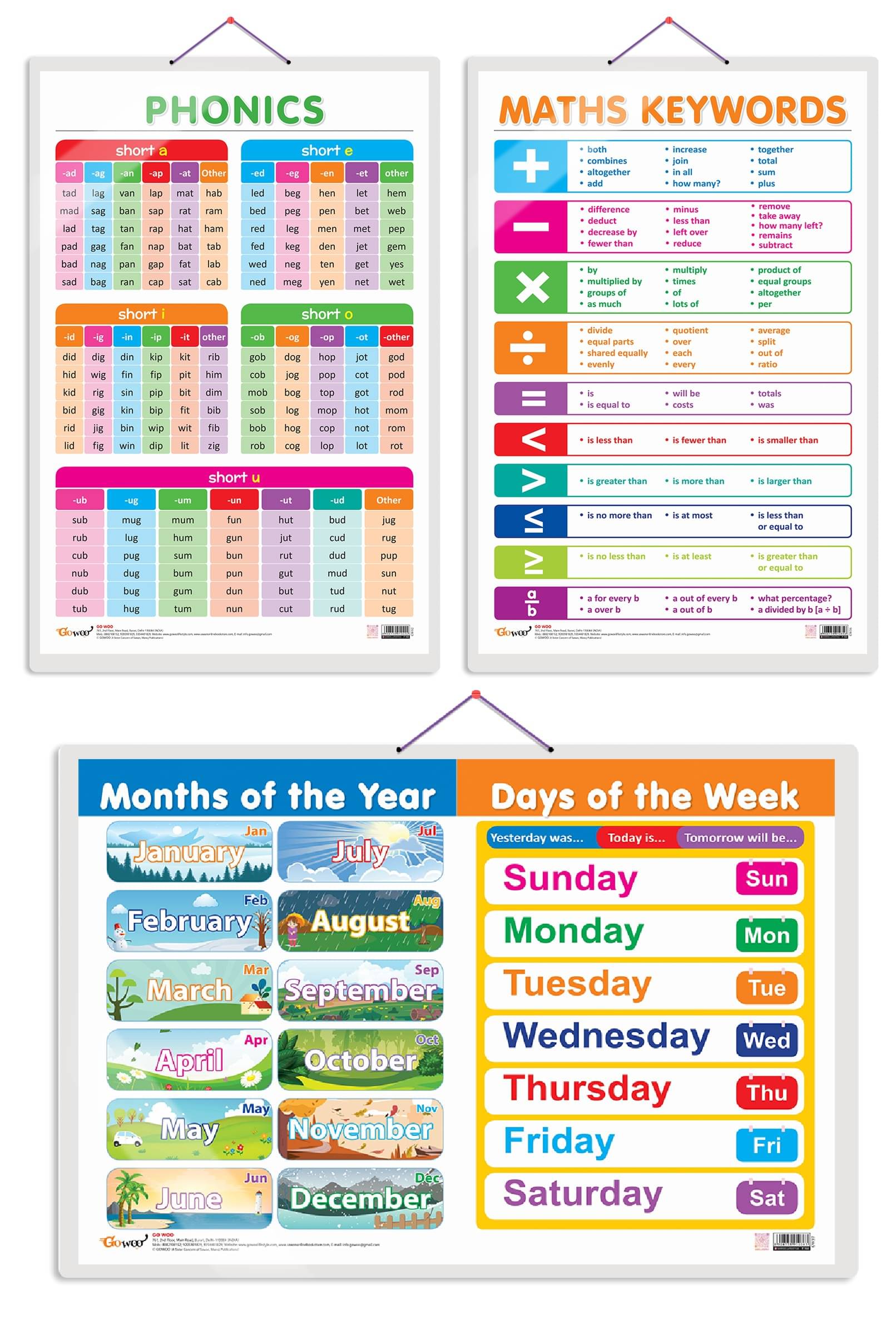     			Set of 3 MATHS KEYWORDS, MONTHS OF THE YEAR AND DAYS OF THE WEEK and PHONICS - 1 Early Learning Educational Charts for Kids | 20"X30" inch |Non-Tearable and Waterproof | Double Sided Laminated | Perfect for Homeschooling, Kindergarten and Nursery Students