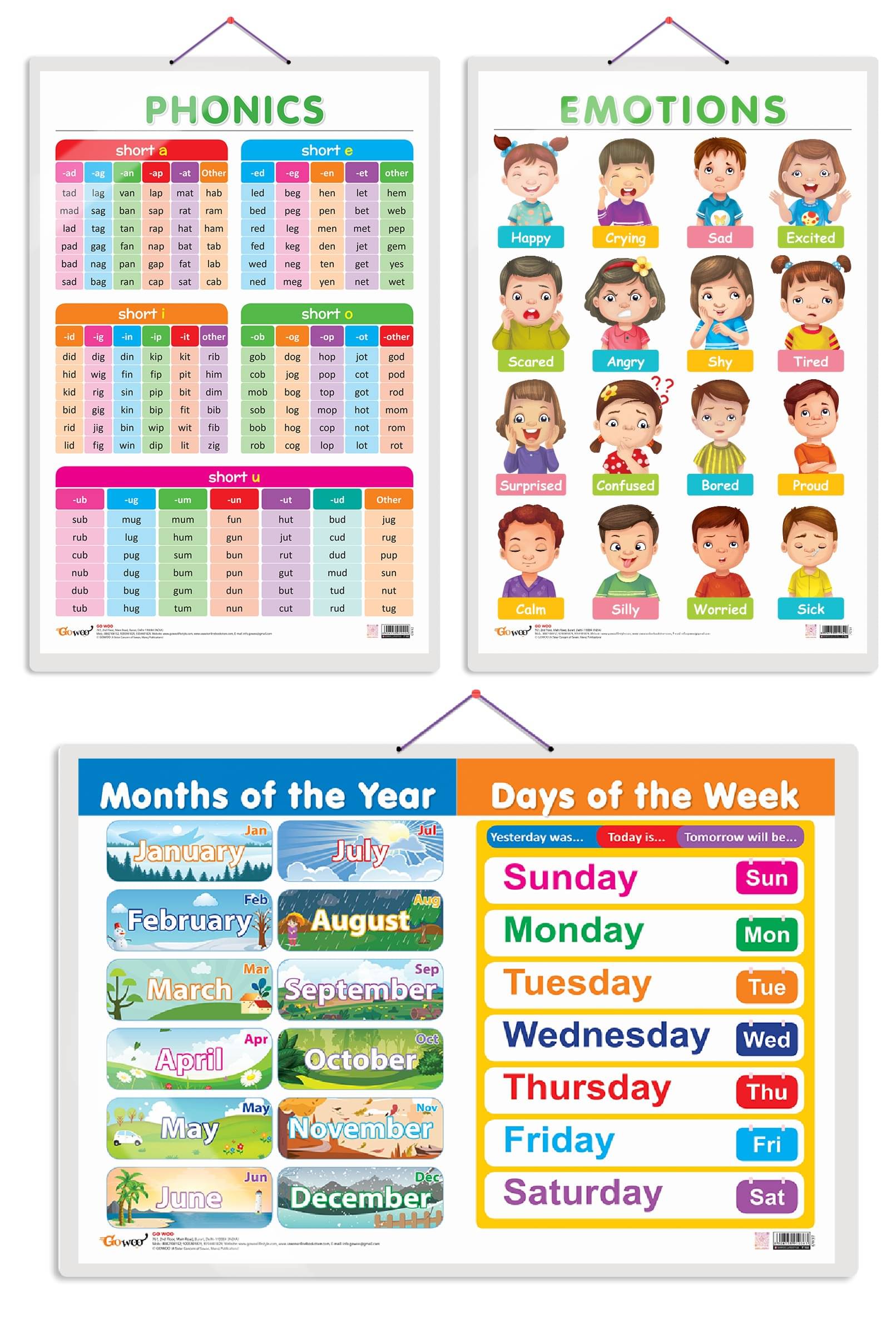 Set of 3 MONTHS OF THE YEAR AND DAYS OF THE WEEK, EMOTIONS and PHONICS - 1 Early Learning Educational Charts for Kids | 20"X30" inch |Non-Tearable and Waterproof | Double Sided Laminated | Perfect for Homeschooling, Kindergarten and Nursery Students Set of 3 MONTHS OF THE YEAR AND DAYS OF THE WEEK, EMOTIONS and PHONICS - 1 Early Learning Educational Charts for Kids | 20"X30" inch |Non-Tearable and Waterproof | Double Sided Laminated | Perfect for Homeschooling, Kindergarten and Nursery Students