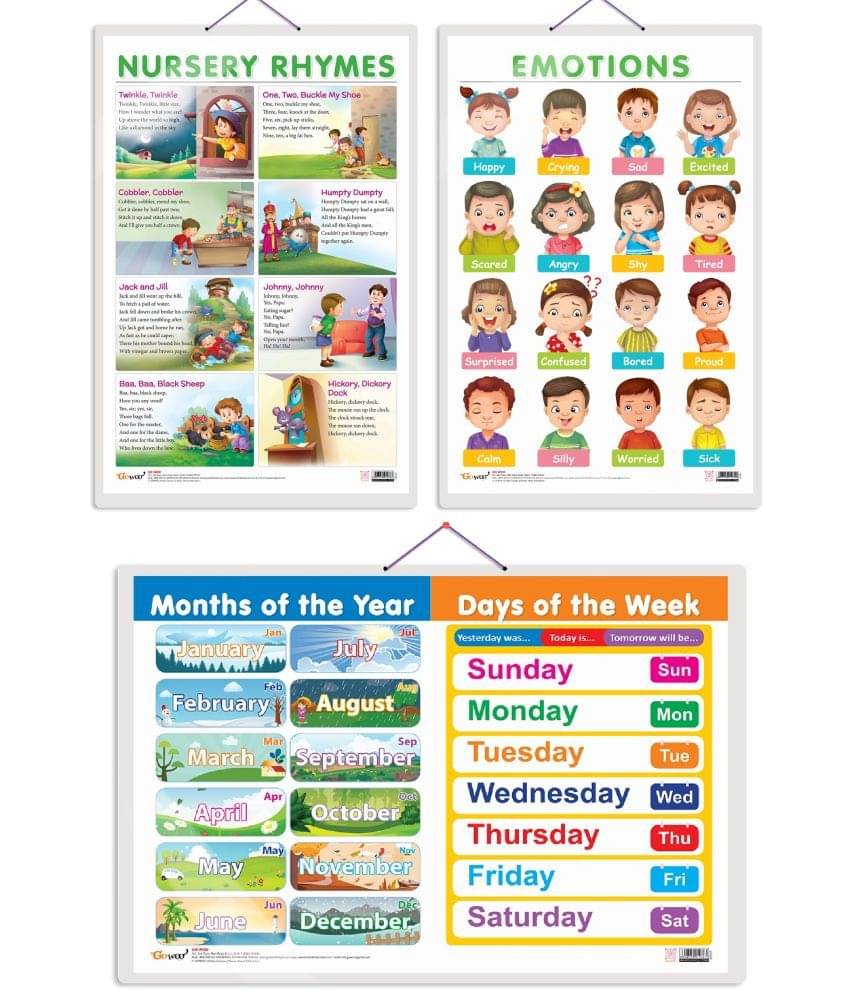 Set of 3 MONTHS OF THE YEAR AND DAYS OF THE WEEK, EMOTIONS and NURSERY RHYMES Early Learning Educational Charts for Kids | 20"X30" inch |Non-Tearable and Waterproof | Double Sided Laminated | Perfect for Homeschooling, Kindergarten and Nursery Students Set of 3 MONTHS OF THE YEAR AND DAYS OF THE WEEK, EMOTIONS and NURSERY RHYMES Early Learning Educational Charts for Kids | 20"X30" inch |Non-Tearable and Waterproof | Double Sided Laminated | Perfect for Homeschooling, Kindergarten and Nursery Students