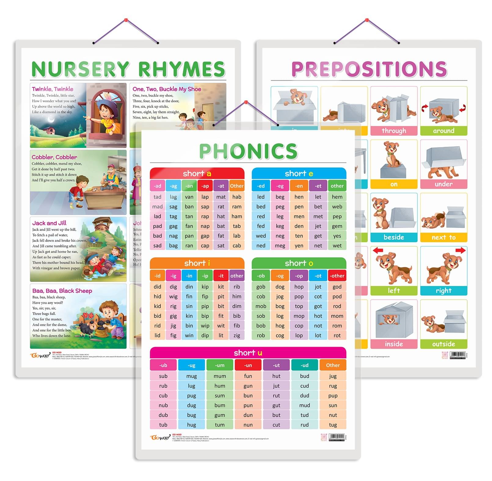 Set of 3 NURSERY RHYMES, PREPOSITIONS and PHONICS - 1 Early Learning Educational Charts for Kids | 20"X30" inch |Non-Tearable and Waterproof | Double Sided Laminated | Perfect for Homeschooling, Kindergarten and Nursery Students Set of 3 NURSERY RHYMES, PREPOSITIONS and PHONICS - 1 Early Learning Educational Charts for Kids | 20"X30" inch |Non-Tearable and Waterproof | Double Sided Laminated | Perfect for Homeschooling, Kindergarten and Nursery Students