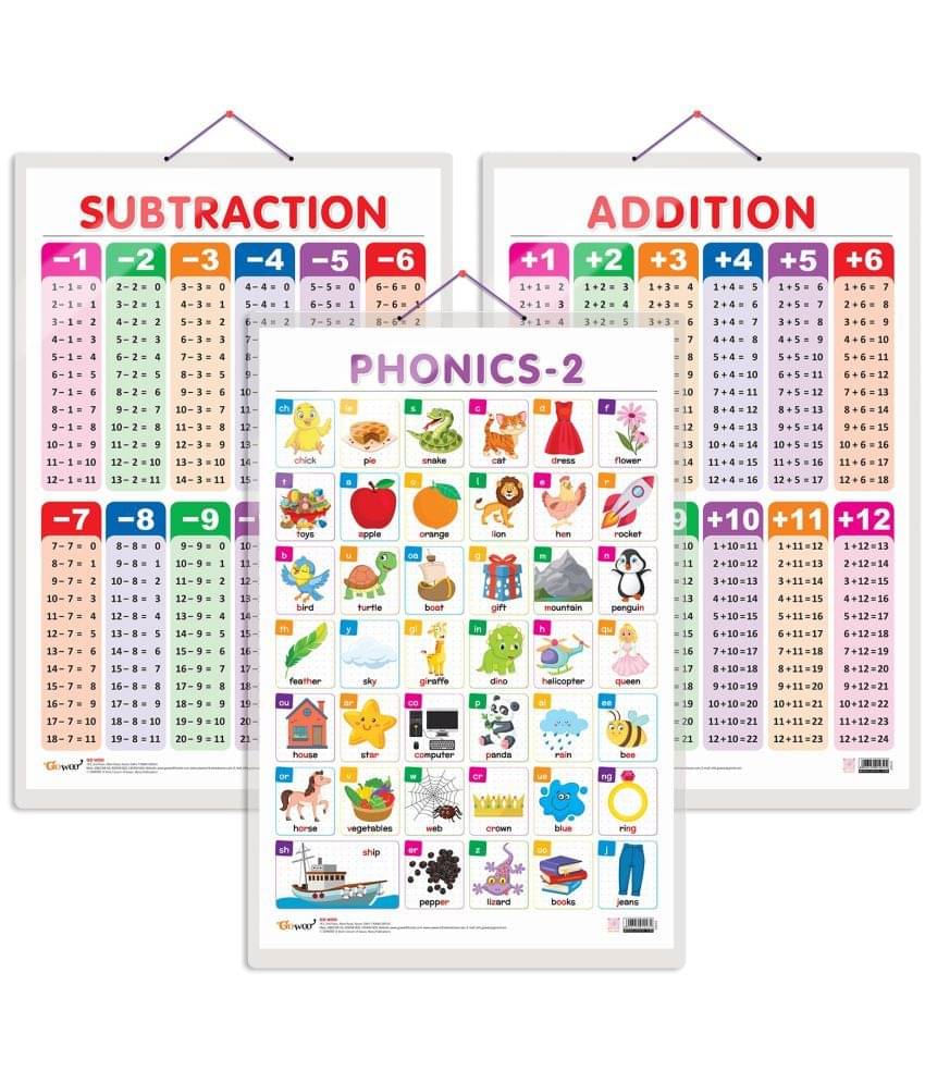 Set of 3 SUBTRACTION, ADDITION and PHONICS - 2 Early Learning Educational Charts for Kids | 20"X30" inch |Non-Tearable and Waterproof | Double Sided Laminated | Perfect for Homeschooling, Kindergarten and Nursery Students Set of 3 SUBTRACTION, ADDITION and PHONICS - 2 Early Learning Educational Charts for Kids | 20"X30" inch |Non-Tearable and Waterproof | Double Sided Laminated | Perfect for Homeschooling, Kindergarten and Nursery Students