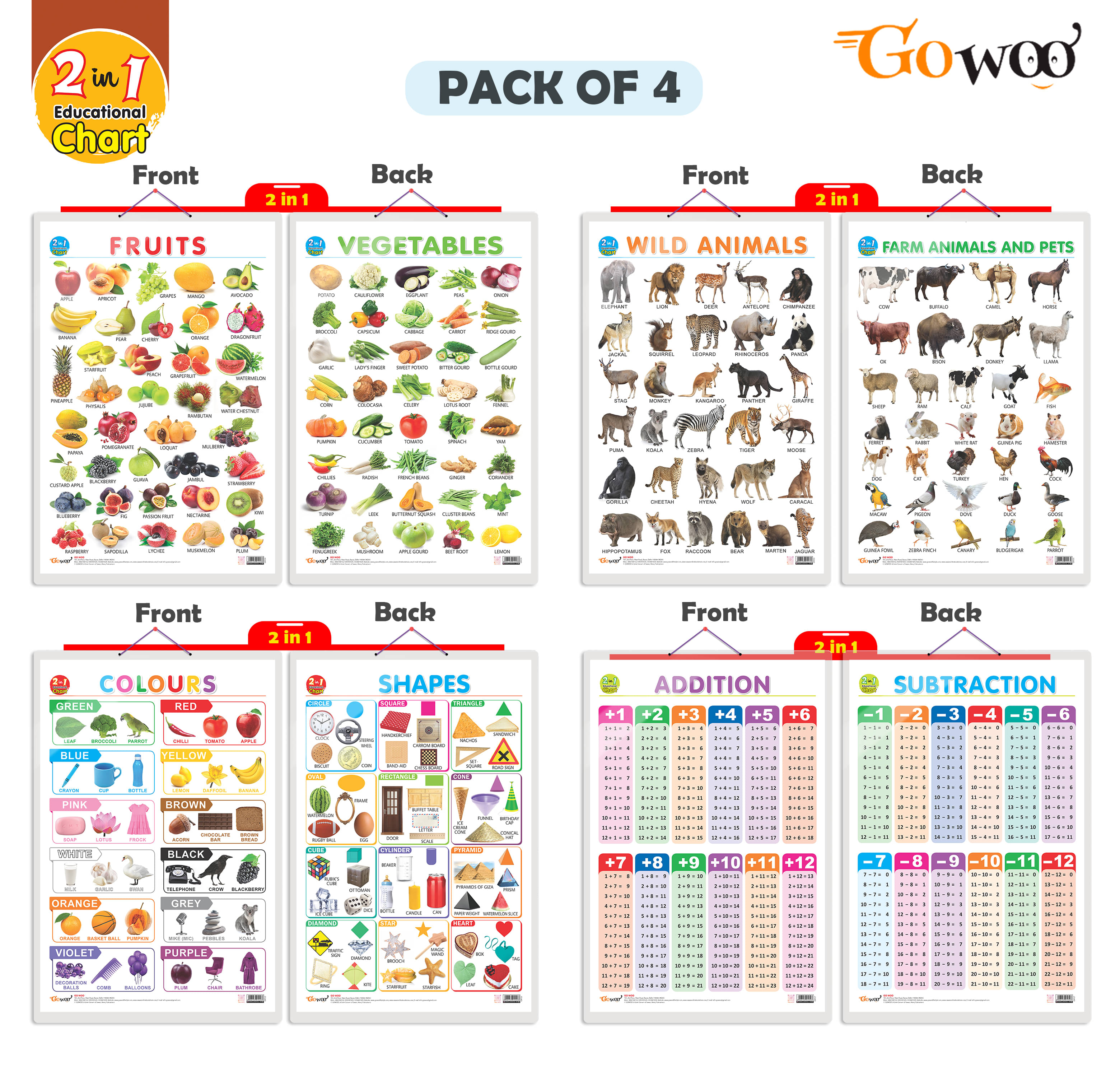 Set of 4 | 2 IN 1 COLOURS AND SHAPES, 2 IN 1 FRUITS AND VEGETABLES, 2 IN 1 WILD AND FARM ANIMALS & PETS and 2 IN 1 ADDITION AND SUBTRACTION Early Learning Educational Charts for Kids Set of 4 | 2 IN 1 COLOURS AND SHAPES, 2 IN 1 FRUITS AND VEGETABLES, 2 IN 1 WILD AND FARM ANIMALS & PETS and 2 IN 1 ADDITION AND SUBTRACTION Early Learning Educational Charts for Kids