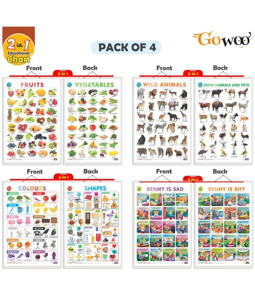 Set of 4 | 2 IN 1 COLOURS AND SHAPES, 2 IN 1 FRUITS AND VEGETABLES, 2 IN 1 WILD AND FARM ANIMALS & PETS and 2 IN 1 BENNY IS SAD AND BENNY IS SHY Early Learning Educational Charts for Kids Set of 4 | 2 IN 1 COLOURS AND SHAPES, 2 IN 1 FRUITS AND VEGETABLES, 2 IN 1 WILD AND FARM ANIMALS & PETS and 2 IN 1 BENNY IS SAD AND BENNY IS SHY Early Learning Educational Charts for Kids