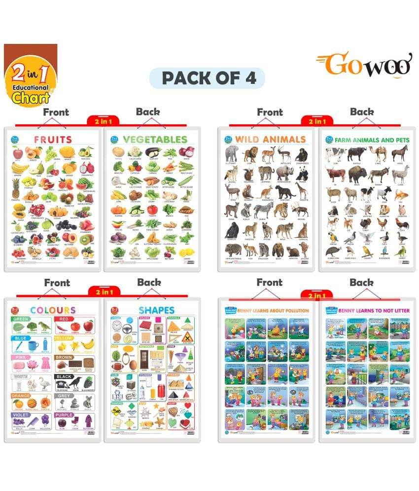 Set of 4 | 2 IN 1 COLOURS AND SHAPES, 2 IN 1 FRUITS AND VEGETABLES, 2 IN 1 WILD AND FARM ANIMALS & PETS and 2 IN 1 BENNY LEARNS ABOUT POLLUTION AND BENNY LEARNS NOT TO LITTER Early Learning Educational Charts for Kids Set of 4 | 2 IN 1 COLOURS AND SHAPES, 2 IN 1 FRUITS AND VEGETABLES, 2 IN 1 WILD AND FARM ANIMALS & PETS and 2 IN 1 BENNY LEARNS ABOUT POLLUTION AND BENNY LEARNS NOT TO LITTER Early Learning Educational Charts for Kids