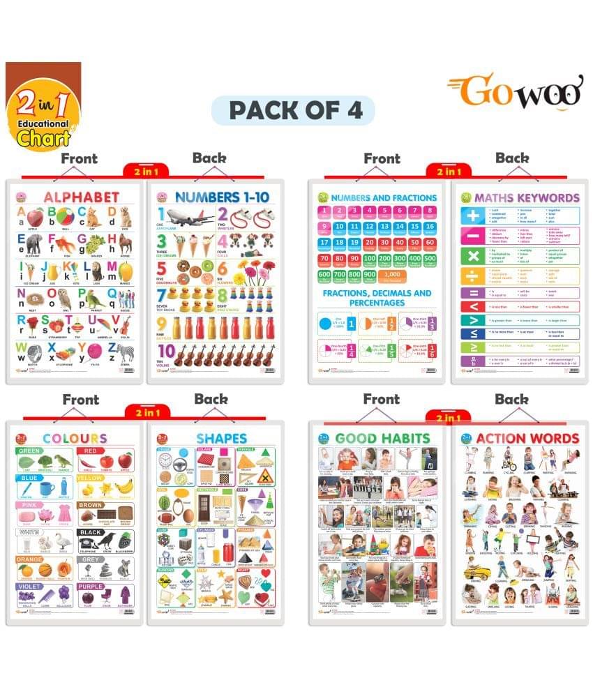 Set of 4 | 2 IN 1 ALPHABET AND NUMBER 1-10, 2 IN 1 NUMBER & FRACTIONS AND MATHS KEYWORDS, 2 IN 1 COLOURS AND SHAPES and 2 IN 1 GOOD HABITS AND ACTION WORDS Early Learning Educational Charts for Kids Set of 4 | 2 IN 1 ALPHABET AND NUMBER 1-10, 2 IN 1 NUMBER & FRACTIONS AND MATHS KEYWORDS, 2 IN 1 COLOURS AND SHAPES and 2 IN 1 GOOD HABITS AND ACTION WORDS Early Learning Educational Charts for Kids