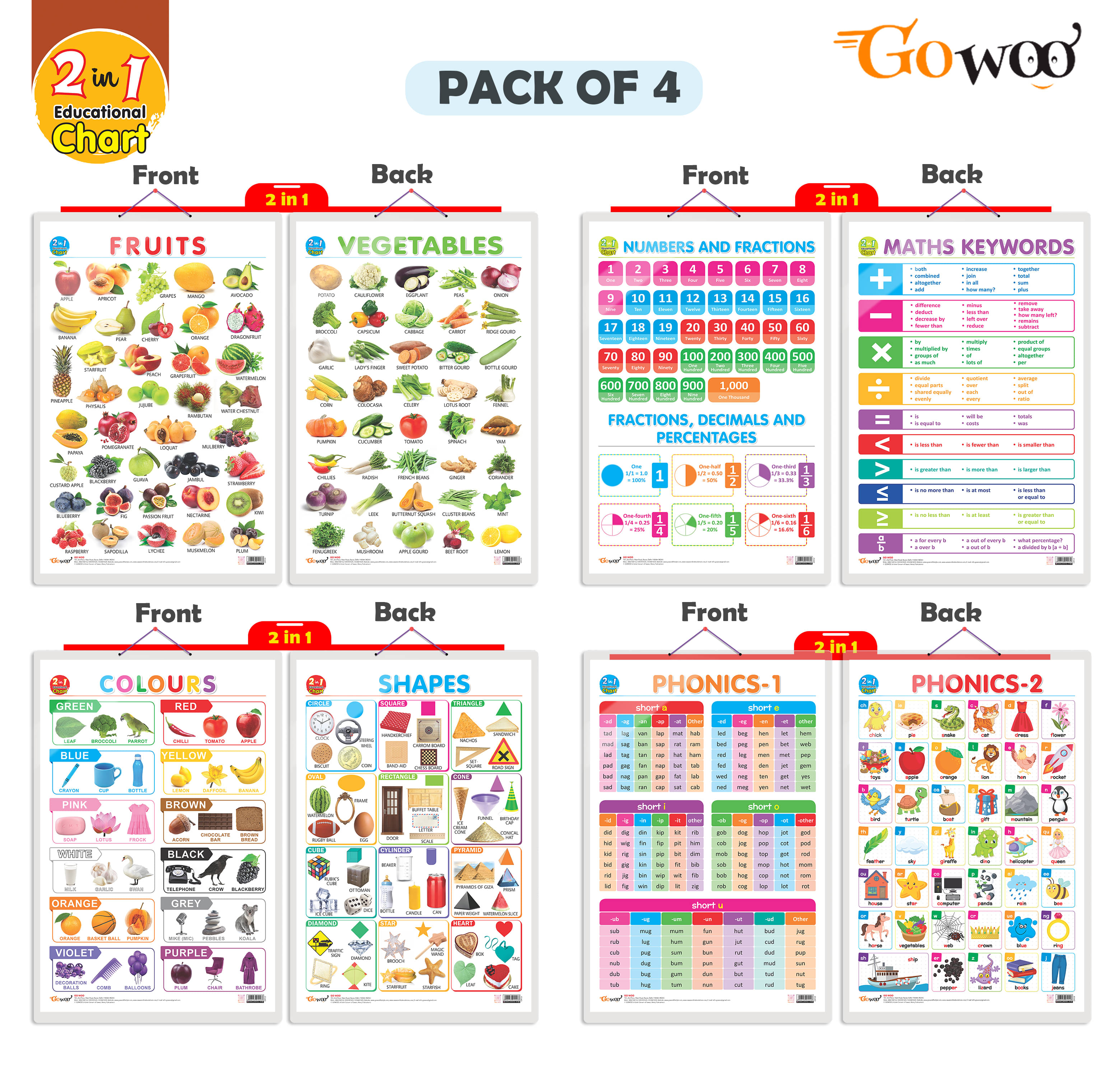 Set of 4 | 2 IN 1 NUMBER & FRACTIONS AND MATHS KEYWORDS, 2 IN 1 COLOURS AND SHAPES, 2 IN 1 FRUITS AND VEGETABLES, 2 IN 1 PHONICS 1 AND PHONICS 2 Early Learning Educational Charts for Kids Set of 4 | 2 IN 1 NUMBER & FRACTIONS AND MATHS KEYWORDS, 2 IN 1 COLOURS AND SHAPES, 2 IN 1 FRUITS AND VEGETABLES, 2 IN 1 PHONICS 1 AND PHONICS 2 Early Learning Educational Charts for Kids