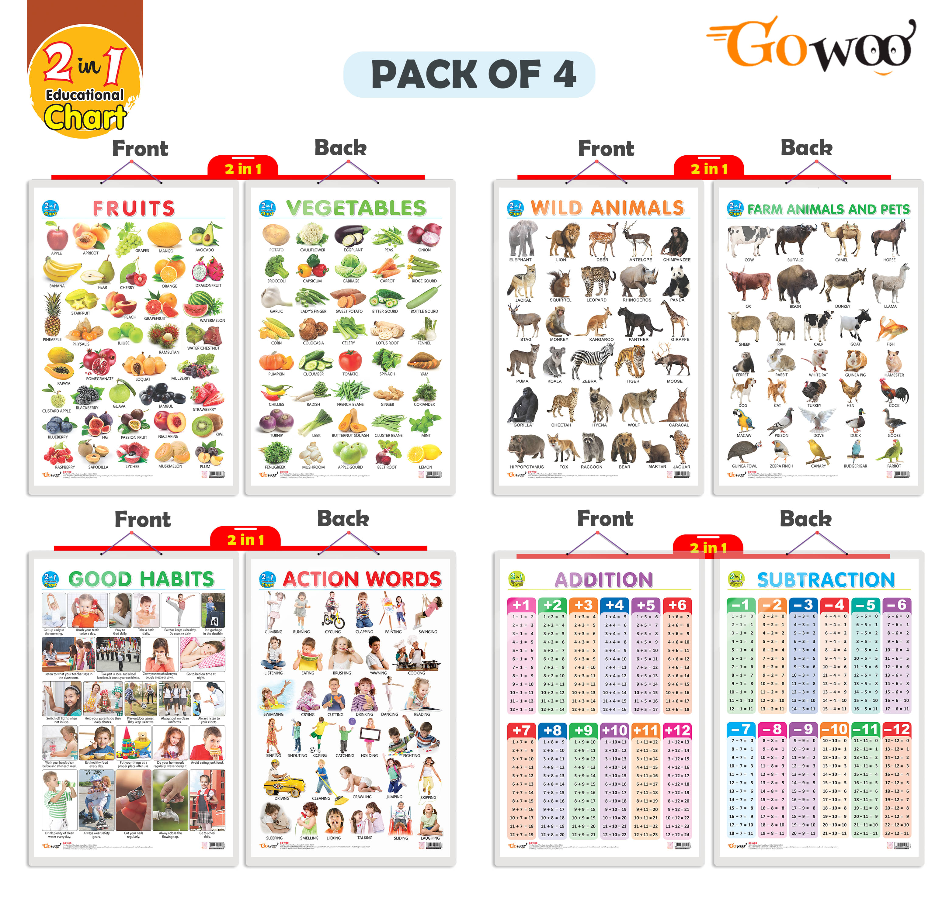 Set of 4 | 2 IN 1 FRUITS AND VEGETABLES, 2 IN 1 WILD AND FARM ANIMALS & PETS, 2 IN 1 GOOD HABITS AND ACTION WORDS and 2 IN 1 ADDITION AND SUBTRACTION Early Learning Educational Charts for Kids Set of 4 | 2 IN 1 FRUITS AND VEGETABLES, 2 IN 1 WILD AND FARM ANIMALS & PETS, 2 IN 1 GOOD HABITS AND ACTION WORDS and 2 IN 1 ADDITION AND SUBTRACTION Early Learning Educational Charts for Kids