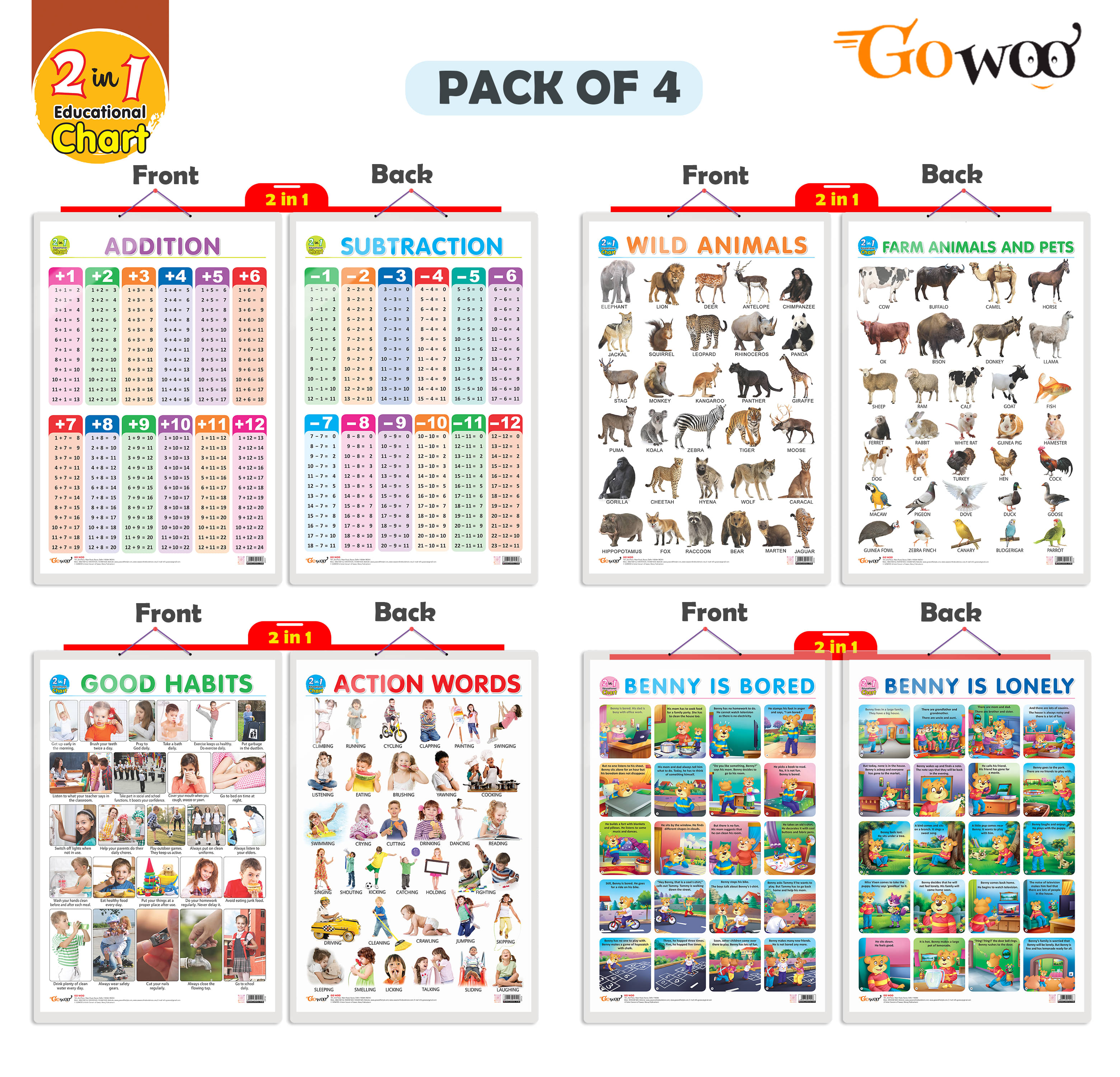 Set of 4 | 2 IN 1 WILD AND FARM ANIMALS & PETS, 2 IN 1 GOOD HABITS AND ACTION WORDS, 2 IN 1 ADDITION AND SUBTRACTION and 2 IN 1 BENNY IS BORED AND BENNY IS LONELY Set of 4 | 2 IN 1 WILD AND FARM ANIMALS & PETS, 2 IN 1 GOOD HABITS AND ACTION WORDS, 2 IN 1 ADDITION AND SUBTRACTION and 2 IN 1 BENNY IS BORED AND BENNY IS LONELY