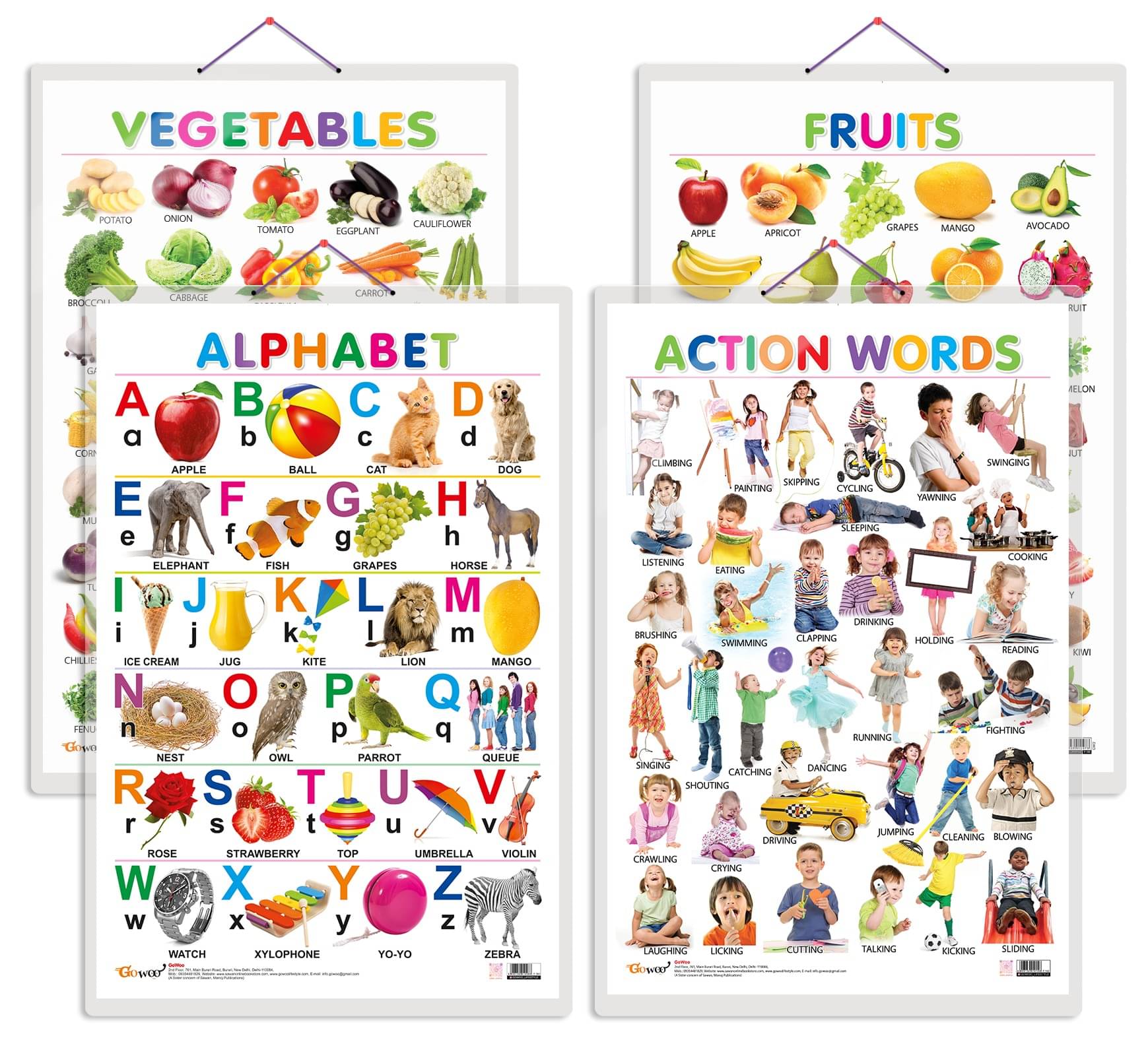     			Set of 4 Alphabet, Fruits, Vegetables and Action Words Early Learning Educational Charts for Kids | 20"X30" inch |Non-Tearable and Waterproof | Double Sided Laminated | Perfect for Homeschooling, Kindergarten and Nursery Students