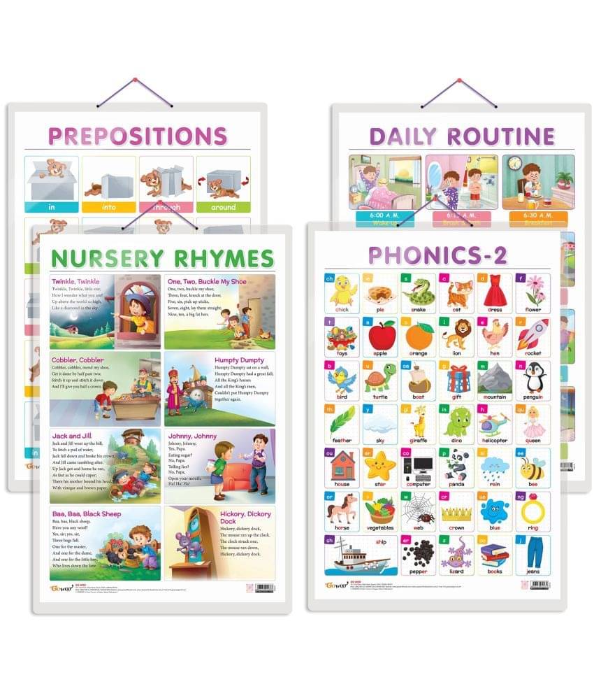 Set of 4 DAILY ROUTINE, NURSERY RHYMES, PREPOSITIONS and PHONICS - 2 Early Learning Educational Charts for Kids | 20"X30" inch |Non-Tearable and Waterproof | Double Sided Laminated | Perfect for Homeschooling, Kindergarten and Nursery Students Set of 4 DAILY ROUTINE, NURSERY RHYMES, PREPOSITIONS and PHONICS - 2 Early Learning Educational Charts for Kids | 20"X30" inch |Non-Tearable and Waterproof | Double Sided Laminated | Perfect for Homeschooling, Kindergarten and Nursery Students