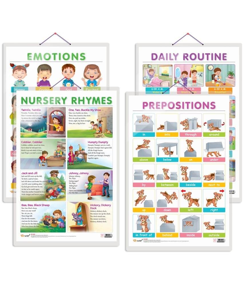 Set of 4 EMOTIONS, DAILY ROUTINE, NURSERY RHYMES and PREPOSITIONS Early Learning Educational Charts for Kids | 20"X30" inch |Non-Tearable and Waterproof | Double Sided Laminated | Perfect for Homeschooling, Kindergarten and Nursery Students Set of 4 EMOTIONS, DAILY ROUTINE, NURSERY RHYMES and PREPOSITIONS Early Learning Educational Charts for Kids | 20"X30" inch |Non-Tearable and Waterproof | Double Sided Laminated | Perfect for Homeschooling, Kindergarten and Nursery Students