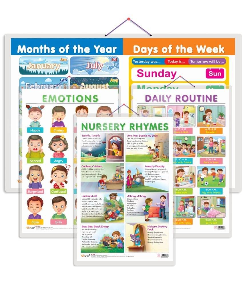 Set of 4 MONTHS OF THE YEAR AND DAYS OF THE WEEK, EMOTIONS, DAILY ROUTINE and NURSERY RHYMES Early Learning Educational Charts for Kids Set of 4 MONTHS OF THE YEAR AND DAYS OF THE WEEK, EMOTIONS, DAILY ROUTINE and NURSERY RHYMES Early Learning Educational Charts for Kids
