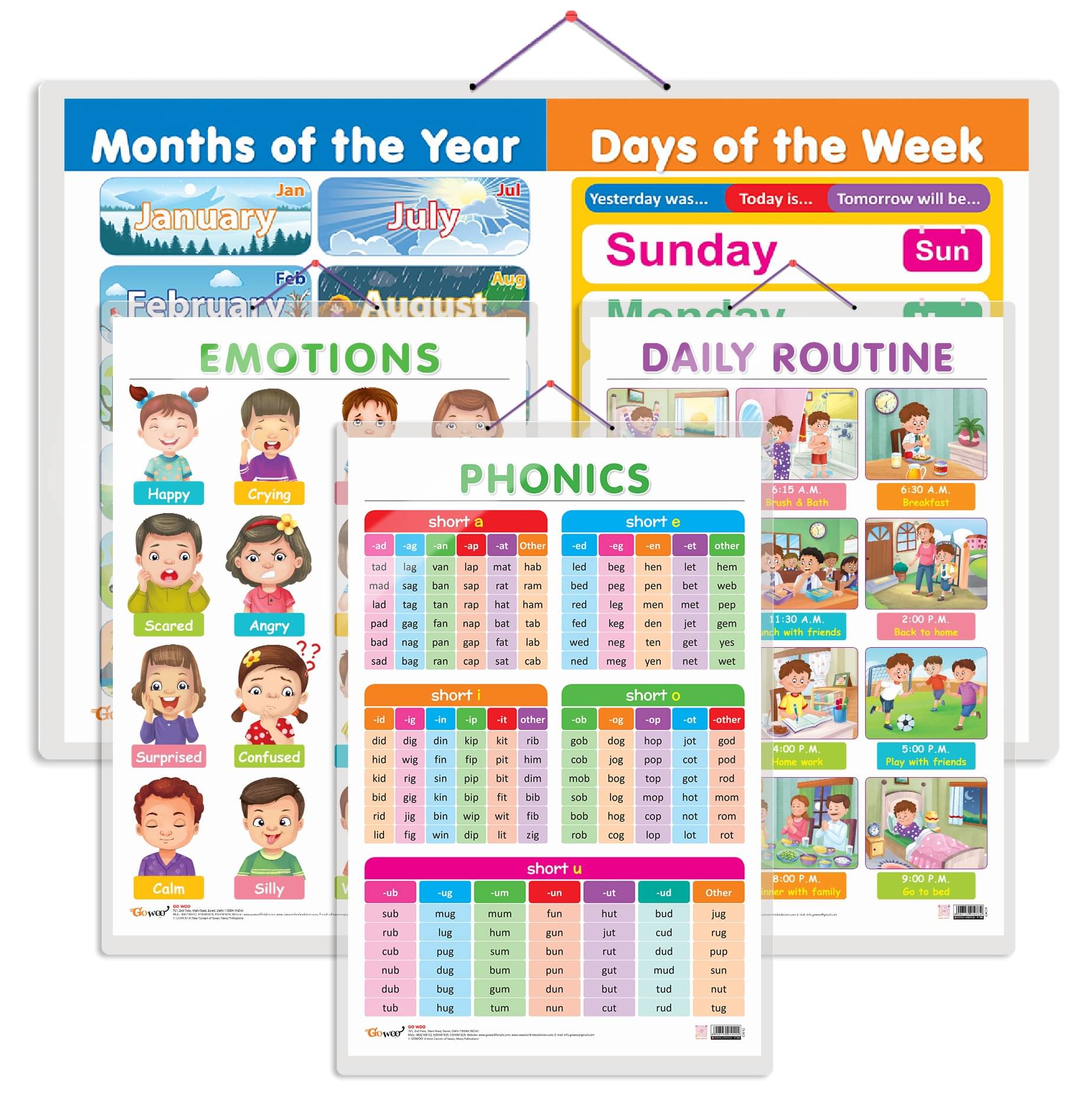 Set of 4 MONTHS OF THE YEAR AND DAYS OF THE WEEK, EMOTIONS, DAILY ROUTINE and PHONICS - 1 Early Learning Educational Charts for Kids Set of 4 MONTHS OF THE YEAR AND DAYS OF THE WEEK, EMOTIONS, DAILY ROUTINE and PHONICS - 1 Early Learning Educational Charts for Kids