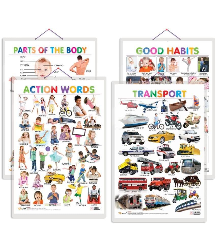 Set of 4 Parts of the Body, Good Habits, Action Words and Transport Early Learning Educational Charts for Kids | 20"X30" inch |Non-Tearable and Waterproof | Double Sided Laminated | Perfect for Homeschooling, Kindergarten and Nursery Students Set of 4 Parts of the Body, Good Habits, Action Words and Transport Early Learning Educational Charts for Kids | 20"X30" inch |Non-Tearable and Waterproof | Double Sided Laminated | Perfect for Homeschooling, Kindergarten and Nursery Students