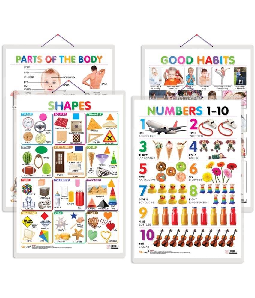 Set of 4 Shapes, Parts of the Body, Good Habits and Numbers 1-10 Early Learning Educational Charts for Kids | 20"X30" inch |Non-Tearable and Waterproof | Double Sided Laminated | Perfect for Homeschooling, Kindergarten and Nursery Students Set of 4 Shapes, Parts of the Body, Good Habits and Numbers 1-10 Early Learning Educational Charts for Kids | 20"X30" inch |Non-Tearable and Waterproof | Double Sided Laminated | Perfect for Homeschooling, Kindergarten and Nursery Students