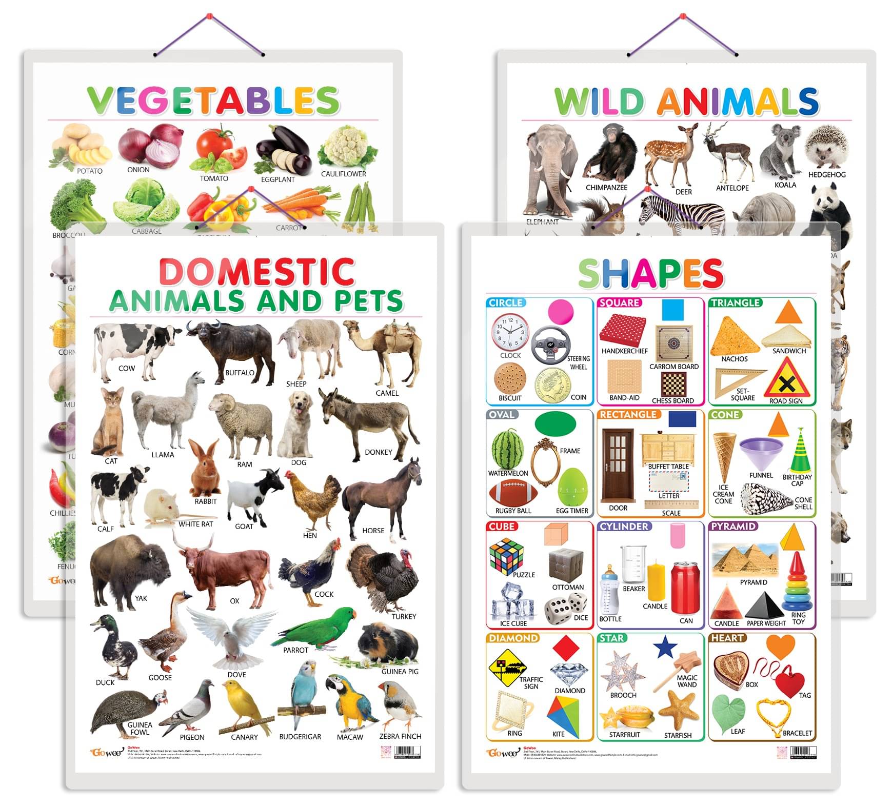 Set of 4 Vegetables, Domestic Animals and Pets, Wild Animals and Shapes Early Learning Educational Charts for Kids | 20"X30" inch |Non-Tearable and Waterproof | Double Sided Laminated | Perfect for Homeschooling, Kindergarten and Nursery Students Set of 4 Vegetables, Domestic Animals and Pets, Wild Animals and Shapes Early Learning Educational Charts for Kids | 20"X30" inch |Non-Tearable and Waterproof | Double Sided Laminated | Perfect for Homeschooling, Kindergarten and Nursery Students