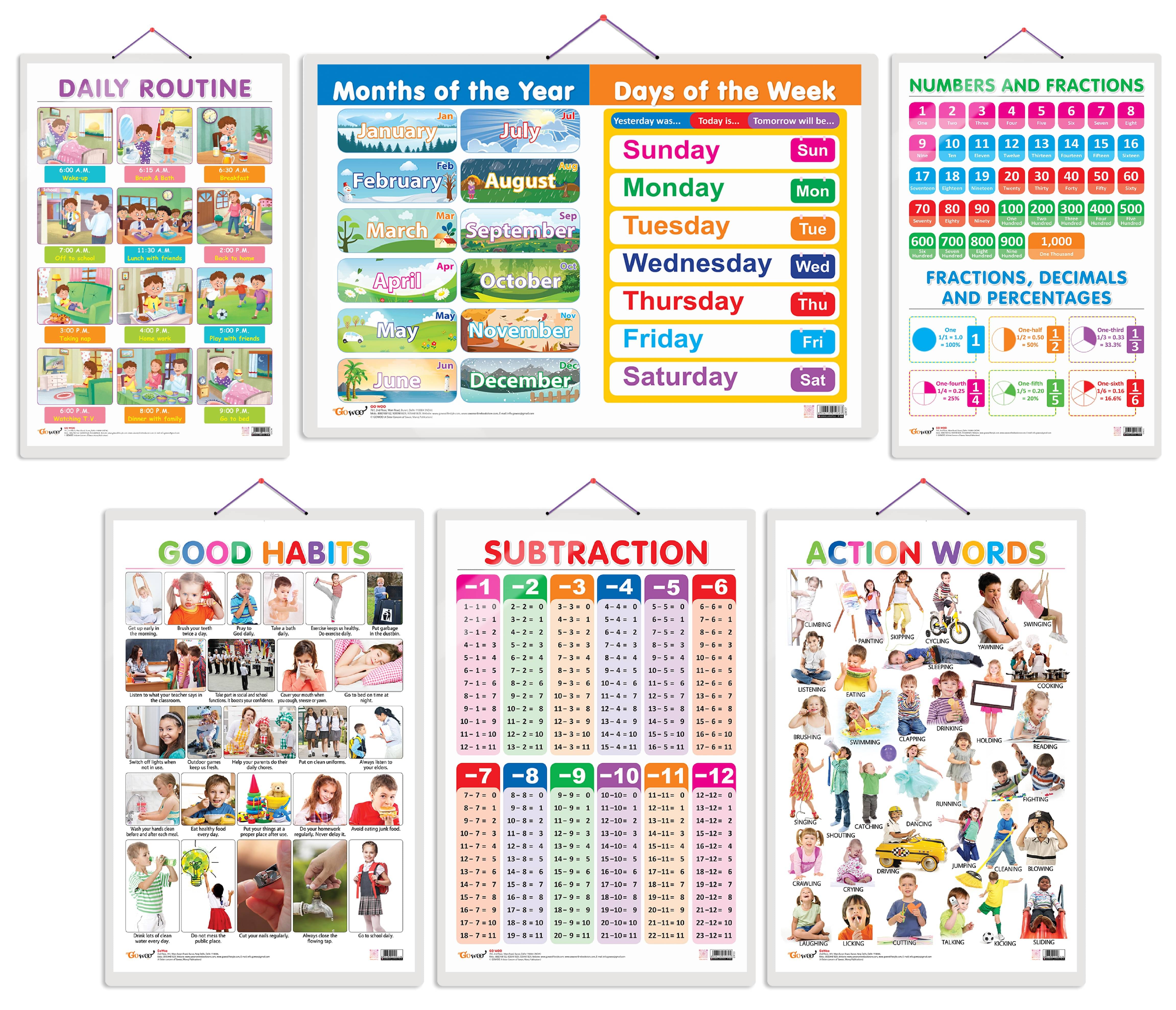 Set of 6 Good Habits, Action Words, SUBTRACTION+NUMBERS AND FRACTIONS, MONTHS OF THE YEAR AND DAYS OF THE WEEK and DAILY ROUTINE Early Learning Educational Charts for Kids Set of 6 Good Habits, Action Words, SUBTRACTION+NUMBERS AND FRACTIONS, MONTHS OF THE YEAR AND DAYS OF THE WEEK and DAILY ROUTINE Early Learning Educational Charts for Kids