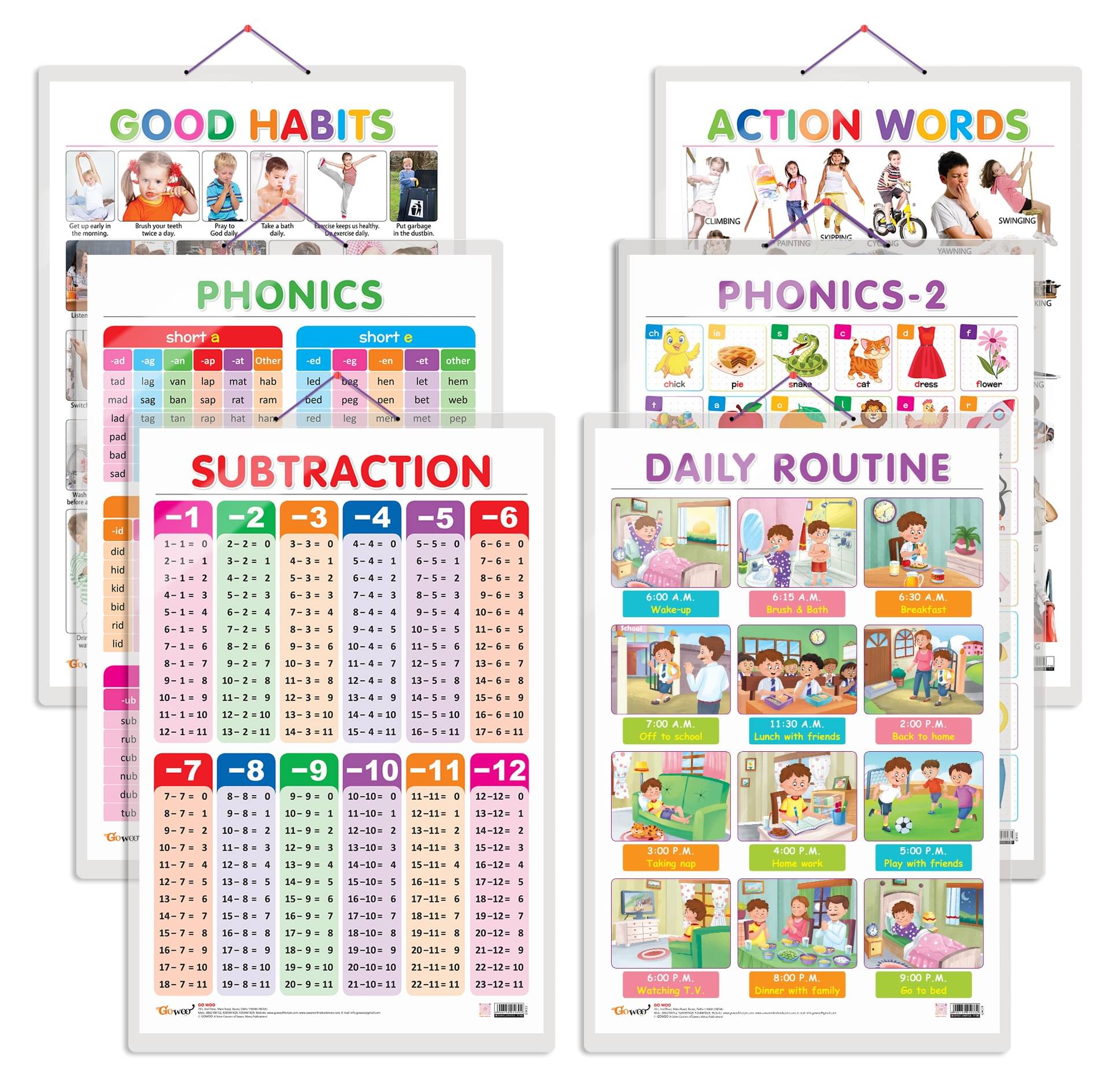 Set of 6 Good Habits, Action Words, SUBTRACTION, DAILY ROUTINE, PHONICS - 1 and PHONICS - 2 Early Learning Educational Charts for Kids Set of 6 Good Habits, Action Words, SUBTRACTION, DAILY ROUTINE, PHONICS - 1 and PHONICS - 2 Early Learning Educational Charts for Kids