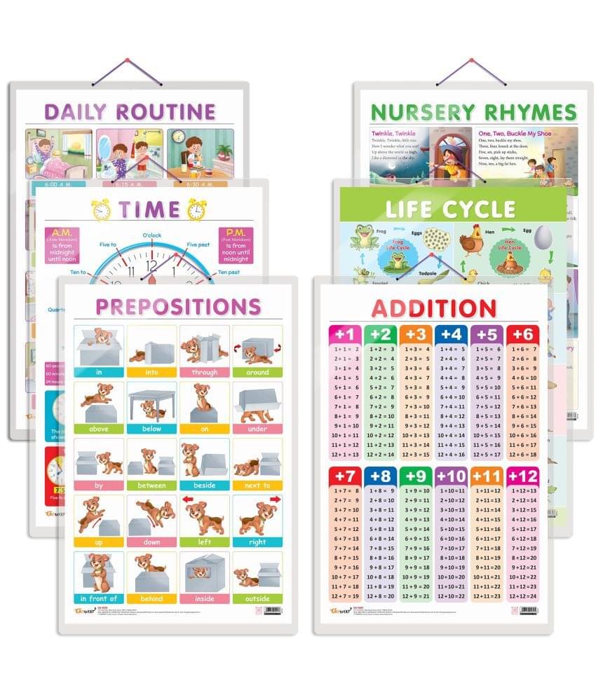 Set of 6 Life Cycle, TIME, ADDITION, DAILY ROUTINE, NURSERY RHYMES and PREPOSITIONS Early Learning Educational Charts for Kids     			Set of 6 Life Cycle, TIME, ADDITION, DAILY ROUTINE, NURSERY RHYMES and PREPOSITIONS Early Learning Educational Charts for Kids