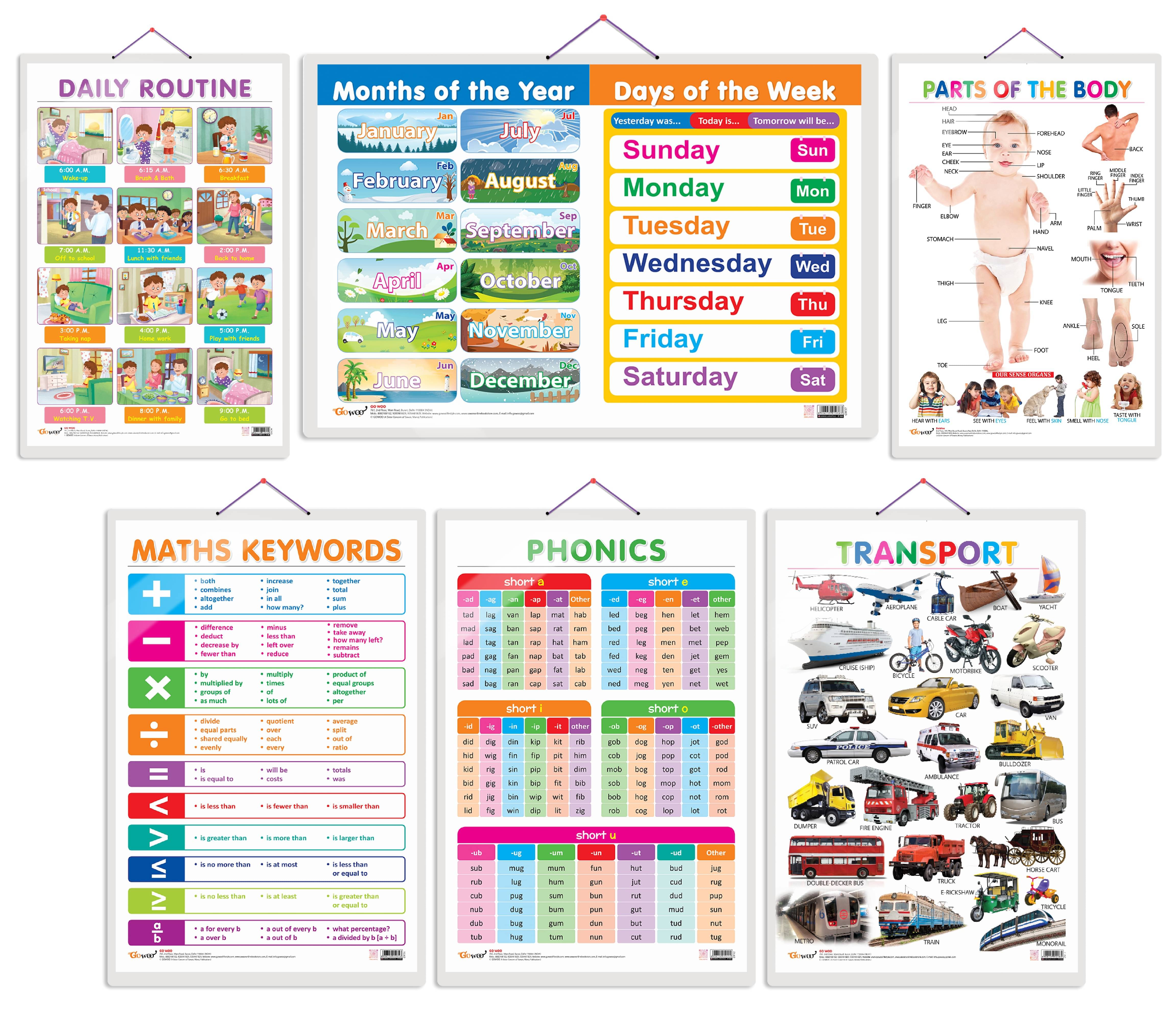 Set of 6 Parts of the Body, Transport, MATHS KEYWORDS, MONTHS OF THE YEAR AND DAYS OF THE WEEK, DAILY ROUTINE and PHONICS - 1 Early Learning Educational Charts for Kids Set of 6 Parts of the Body, Transport, MATHS KEYWORDS, MONTHS OF THE YEAR AND DAYS OF THE WEEK, DAILY ROUTINE and PHONICS - 1 Early Learning Educational Charts for Kids