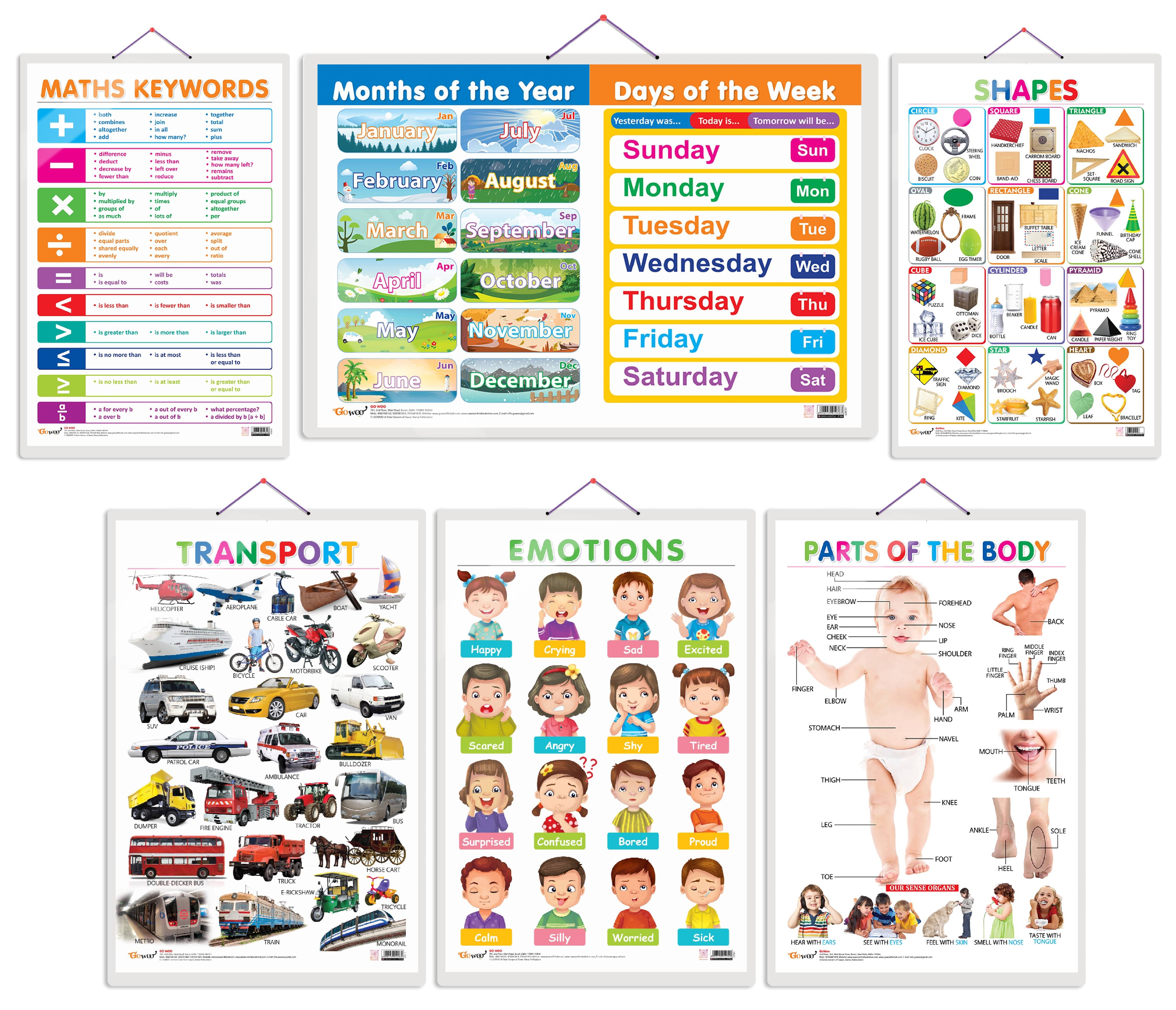     			Set of 6 Shapes, Parts of the Body, Transport, MATHS KEYWORDS, MONTHS OF THE YEAR AND DAYS OF THE WEEK and EMOTIONS Early Learning Educational Charts for Kids
