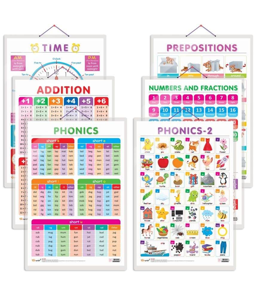 Set of 6 TIME, ADDITION, NUMBERS AND FRACTIONS, PREPOSITIONS, PHONICS - 1 and PHONICS - 2 Early Learning Educational Charts for Kids Set of 6 TIME, ADDITION, NUMBERS AND FRACTIONS, PREPOSITIONS, PHONICS - 1 and PHONICS - 2 Early Learning Educational Charts for Kids