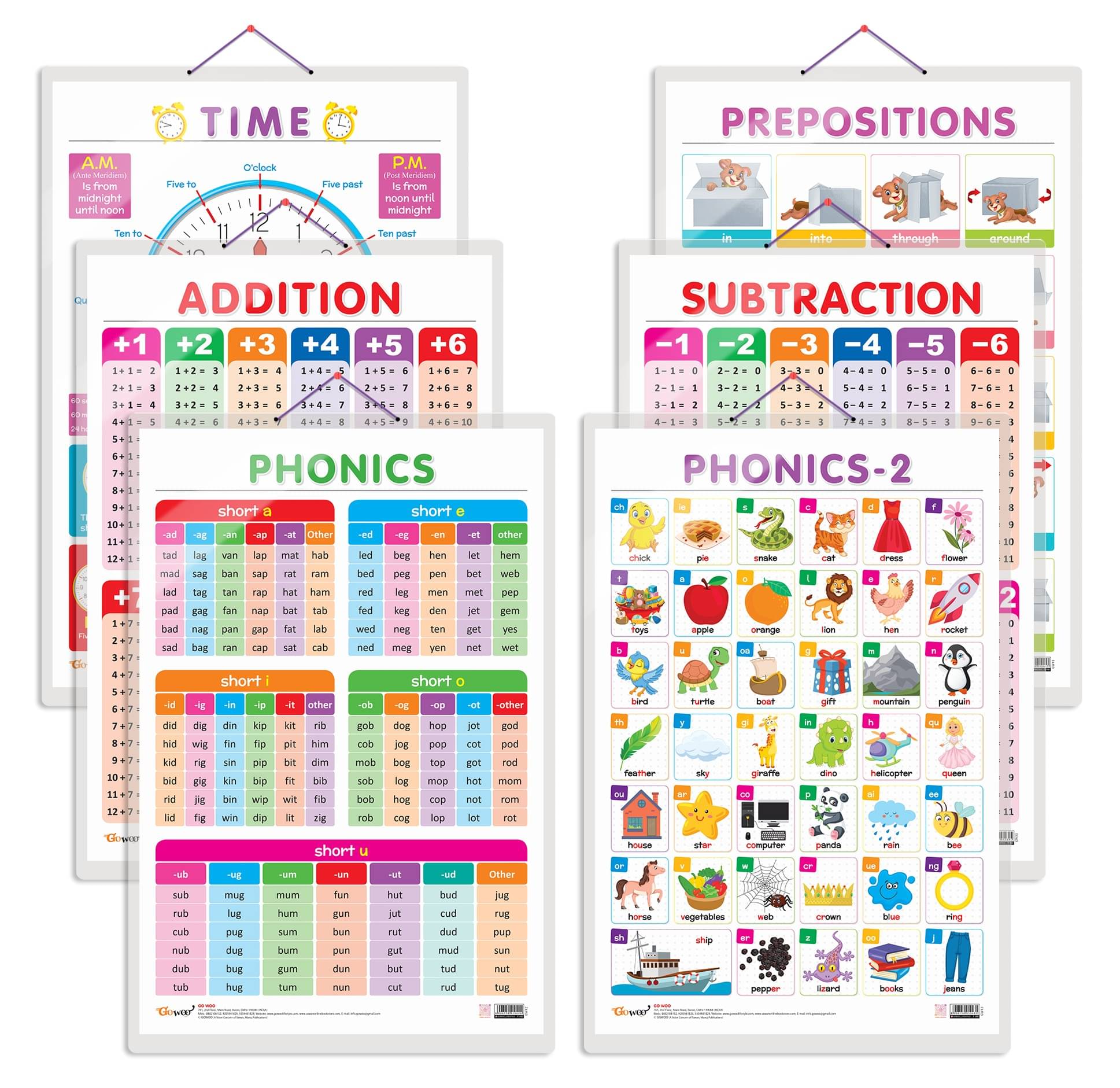     			Set of 6 TIME, SUBTRACTION, ADDITION, PREPOSITIONS, PHONICS - 1 and PHONICS - 2 Early Learning Educational Charts for Kids | 20"X30" inch |Non-Tearable and Waterproof | Double Sided Laminated | Perfect for Homeschooling, Kindergarten and Nursery Students