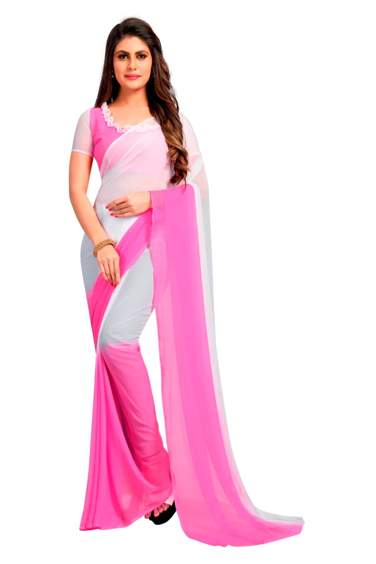     			Aika Chiffon Colorblock Saree With Unstitched Blouse Piece ( Pink )