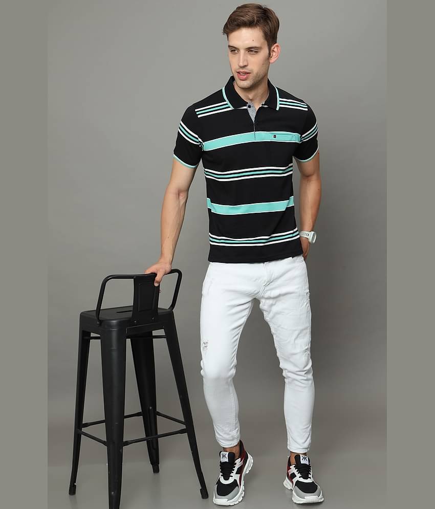 Cool Colors Pack of 1 Cotton Regular Fit Striped Half Sleeves Men's Polo T Shirt ( Black )