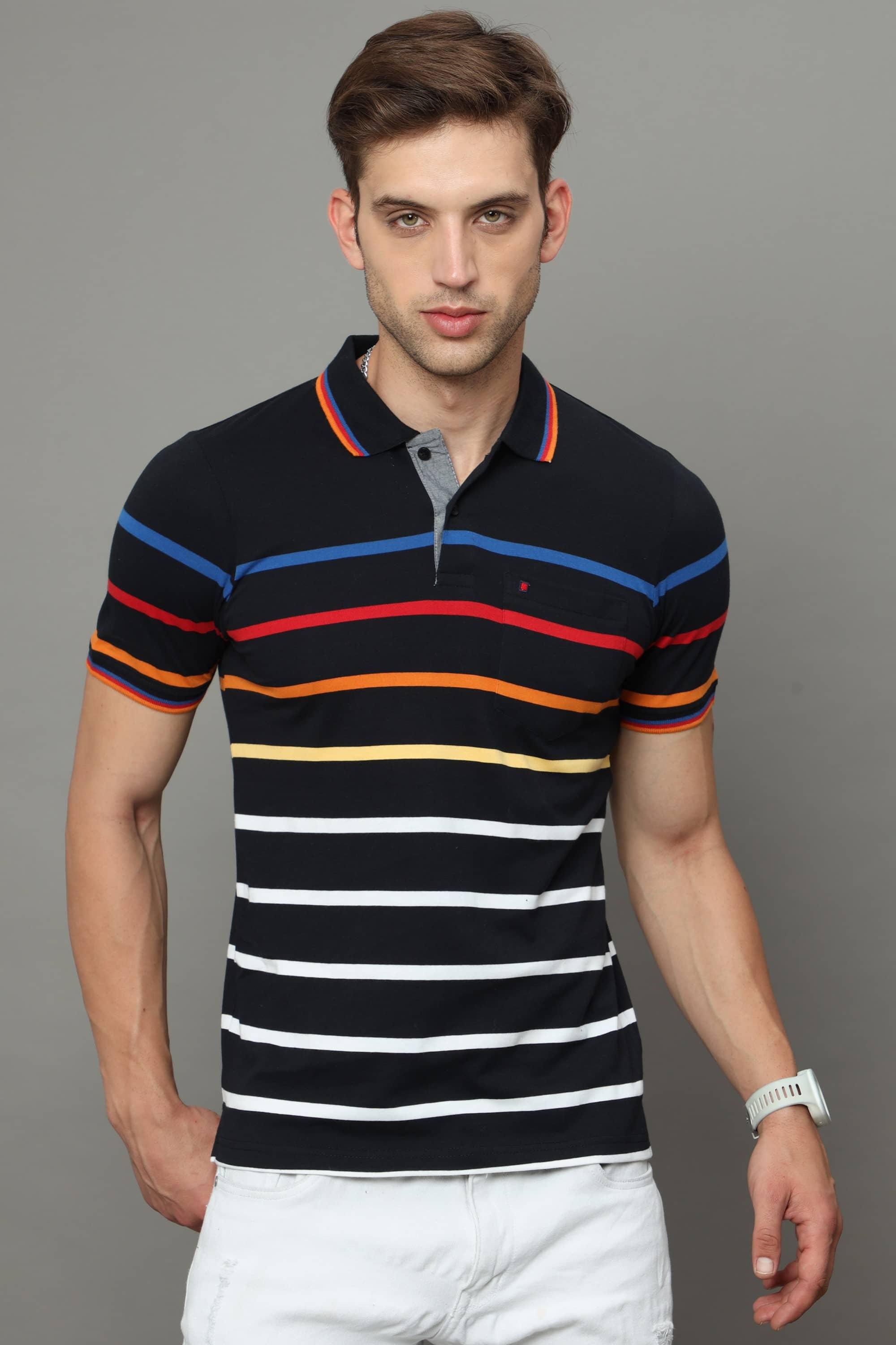 Cool Colors Pack of 1 Cotton Regular Fit Striped Half Sleeves Men's Polo T Shirt ( Black )
