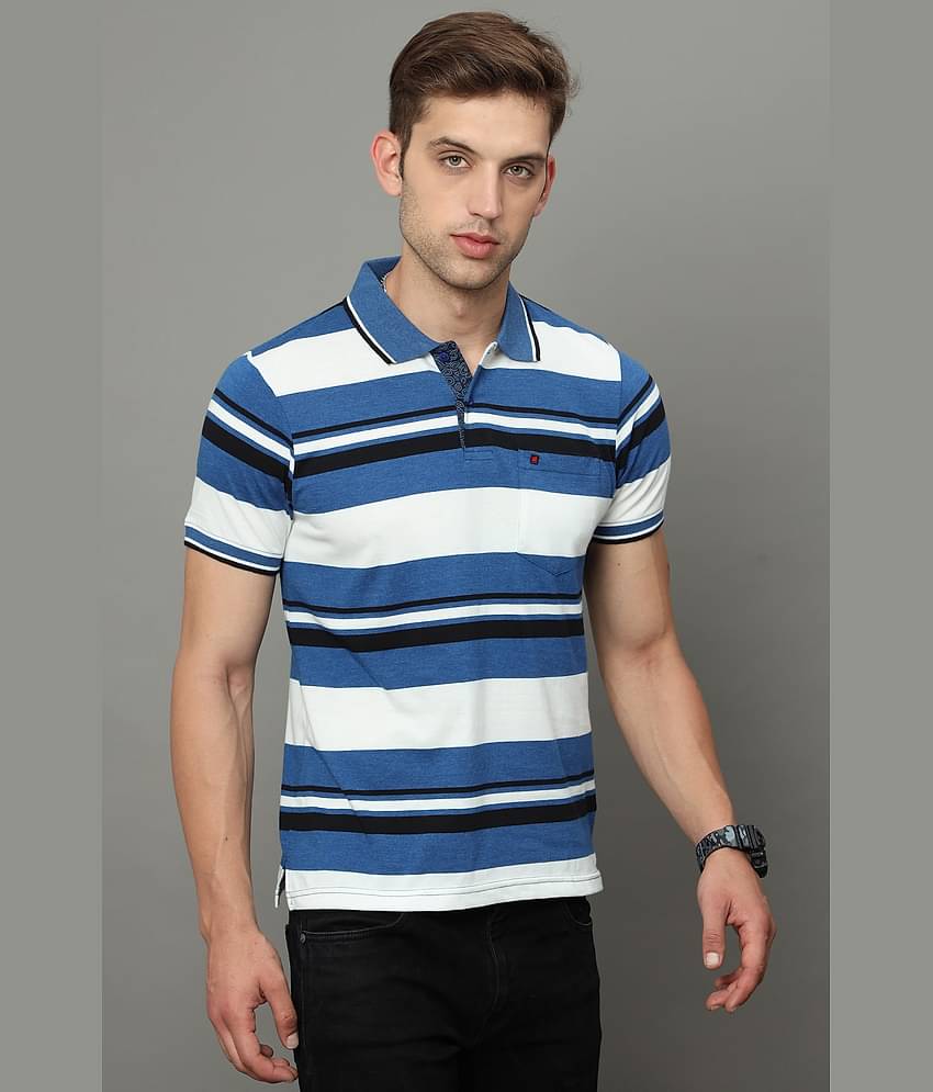 Cool Colors Pack of 1 Cotton Regular Fit Striped Half Sleeves Men's Polo T Shirt ( Blue )
