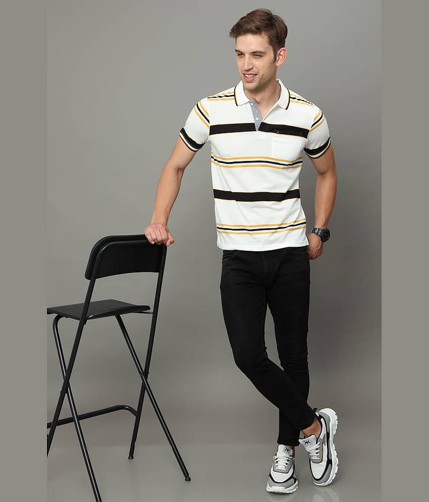 Cool Colors Pack of 1 Cotton Regular Fit Striped Half Sleeves Men's Polo T Shirt ( White )