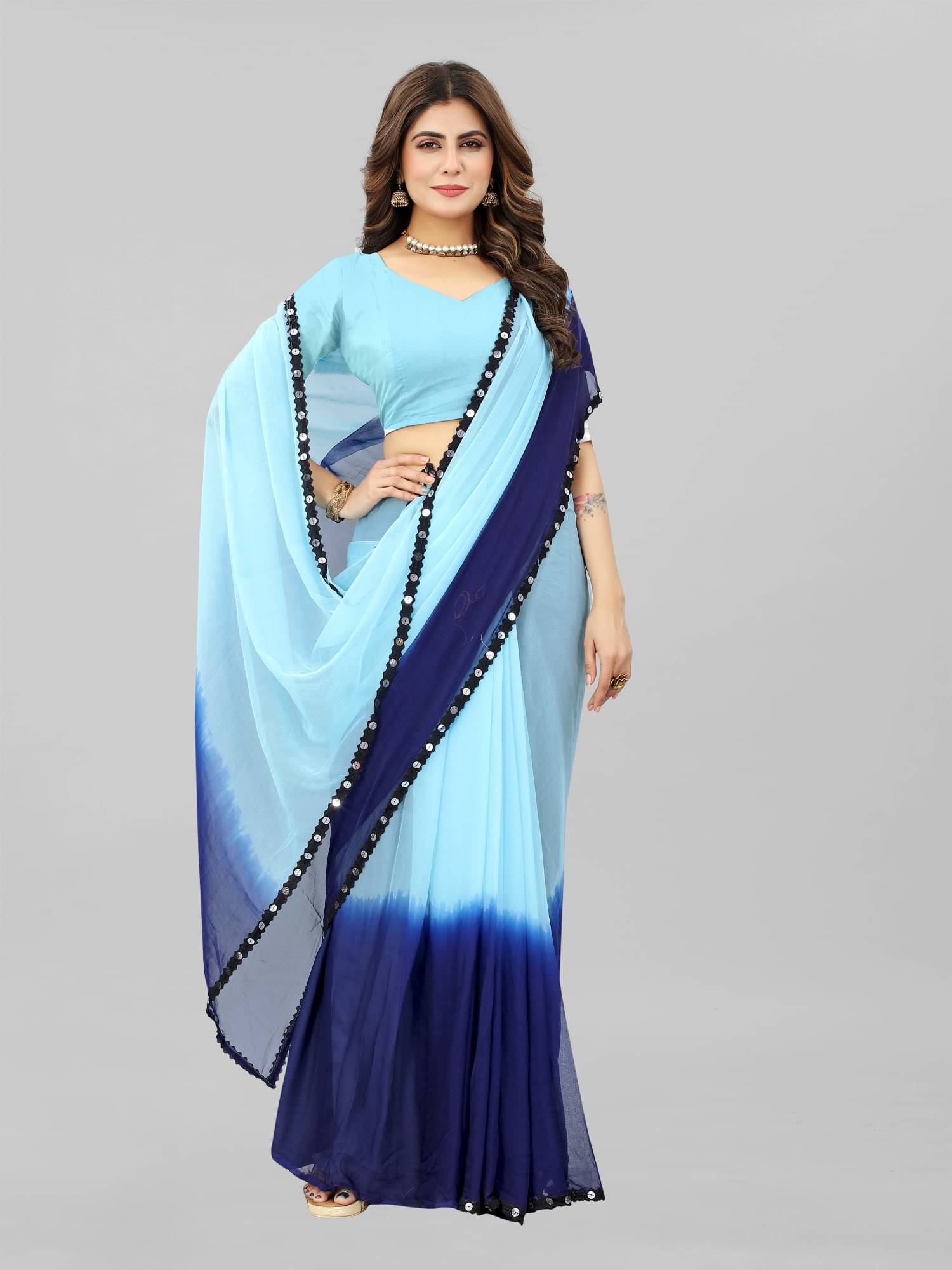     			JULEE Chiffon Colorblock Saree With Unstitched Blouse Piece ( Navy Blue )