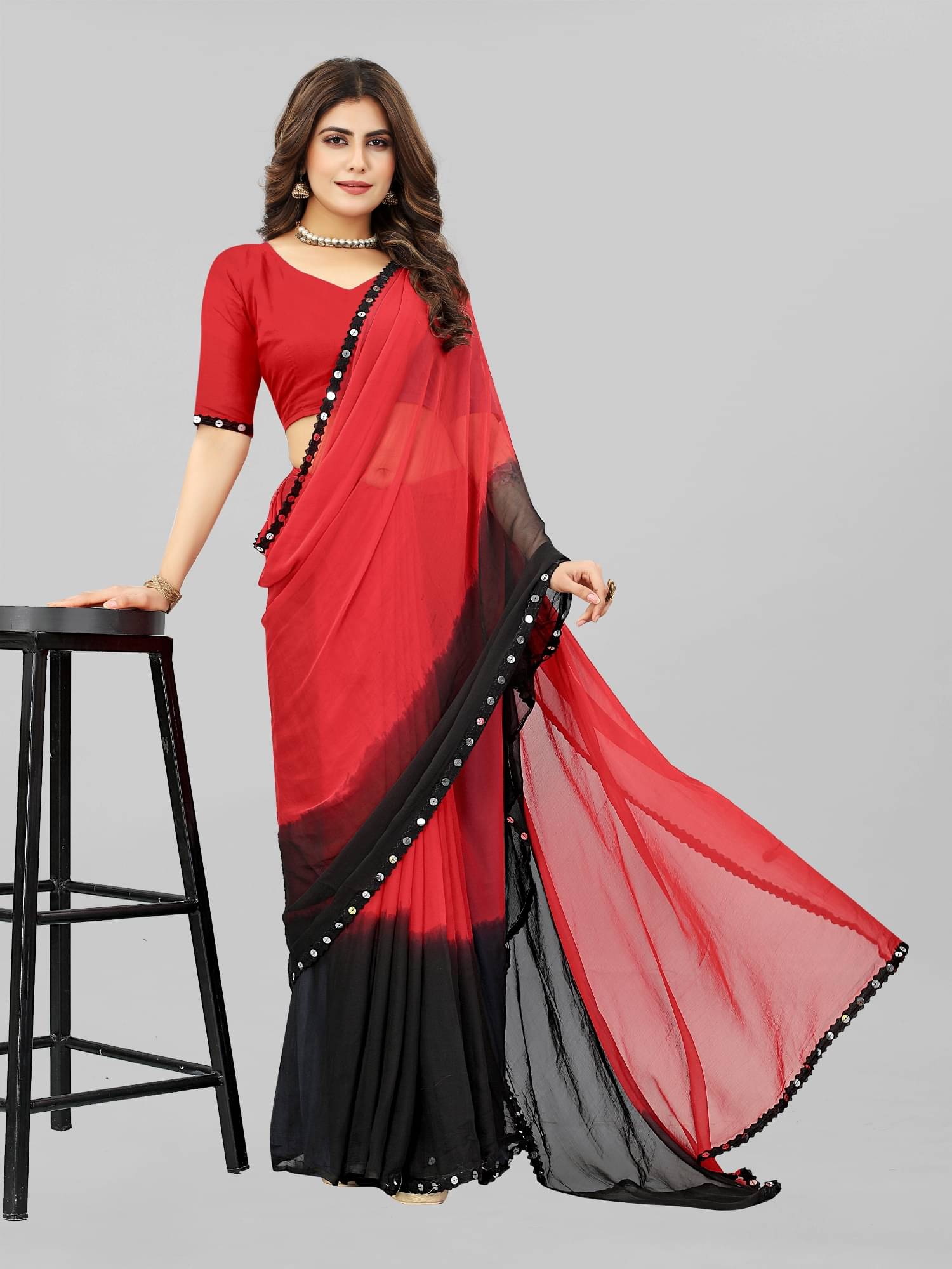     			JULEE Chiffon Colorblock Saree With Unstitched Blouse Piece ( Red )