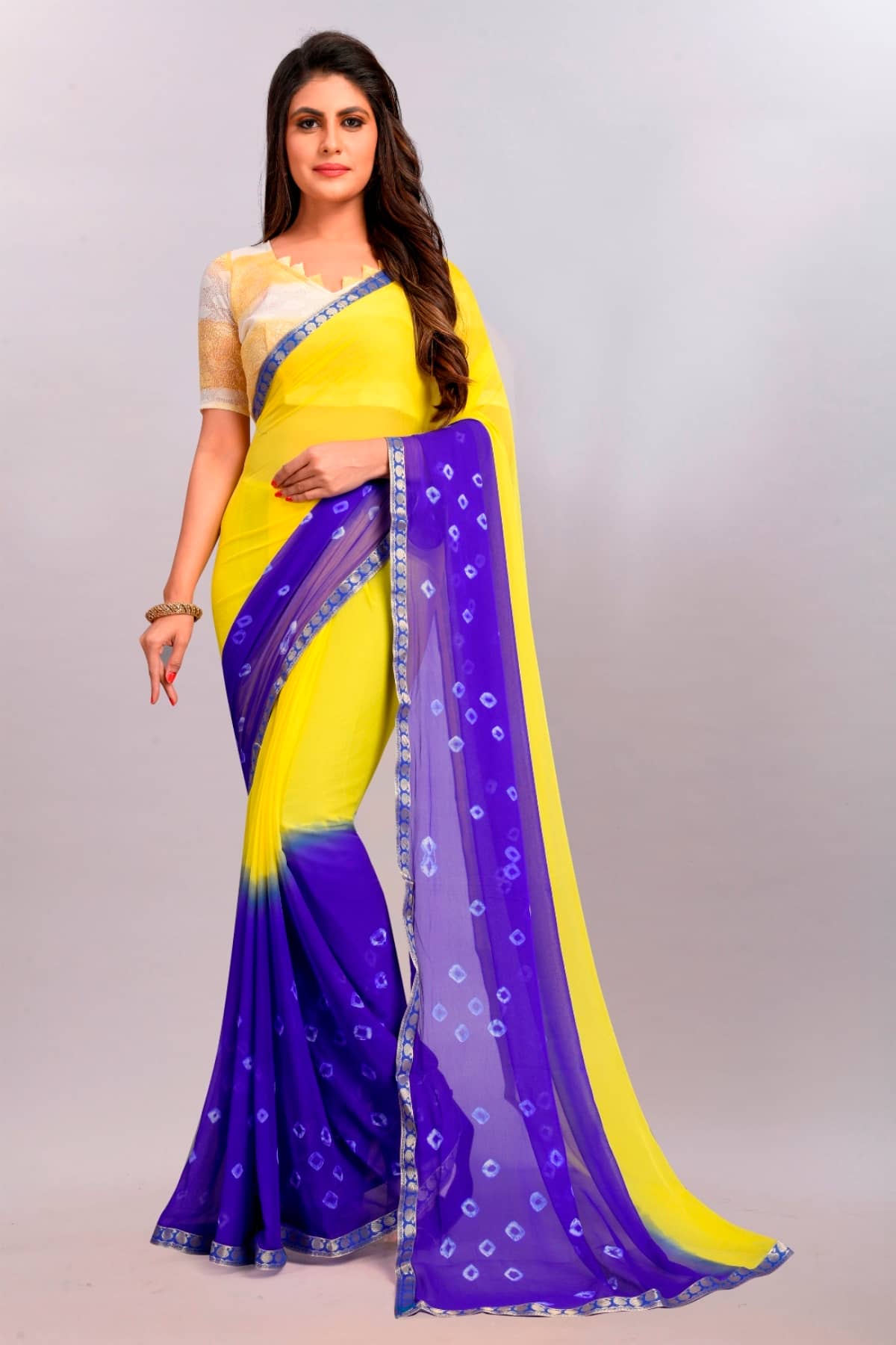 JULEE Chiffon Printed Saree With Unstitched Blouse Piece ( Yellow ) - Sarees | Buy online on ZillyBuy