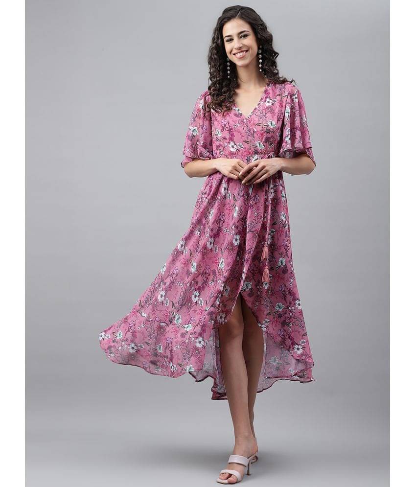 Janasya - Pink Georgette Women's Asymmetric Dress ( Pack of 1 )     			Janasya - Pink Georgette Women's Asymmetric Dress ( Pack of 1 )